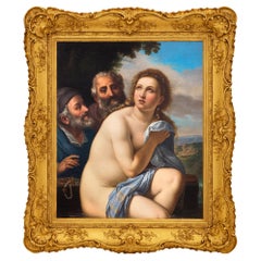 Pintura al óleo sobre lienzo de un antiguo maestro del siglo XIX titulada "Susana y los ancianos"
