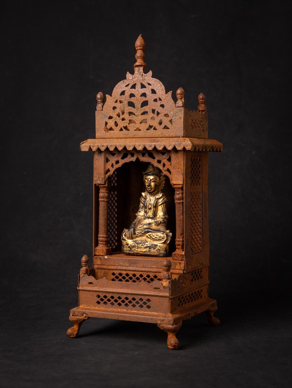 Metal 19th century Old metal temple with antique wooden Buddha statue For Sale