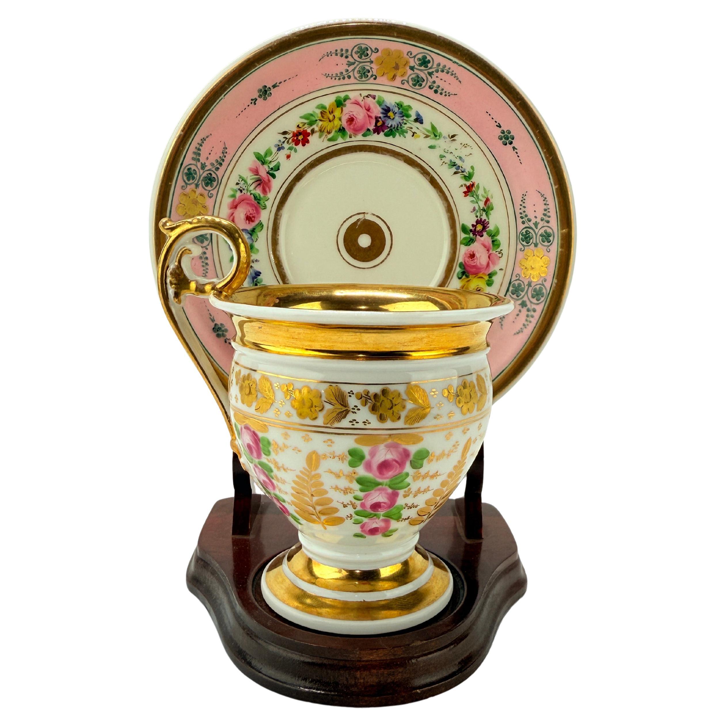 19th Century, Old Paris Gilt Porcelain Floral Cup & Saucer Set