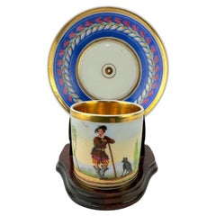 19th Century, Old Paris Neoclassical Cup & Saucer Set Young Man w/ Dog