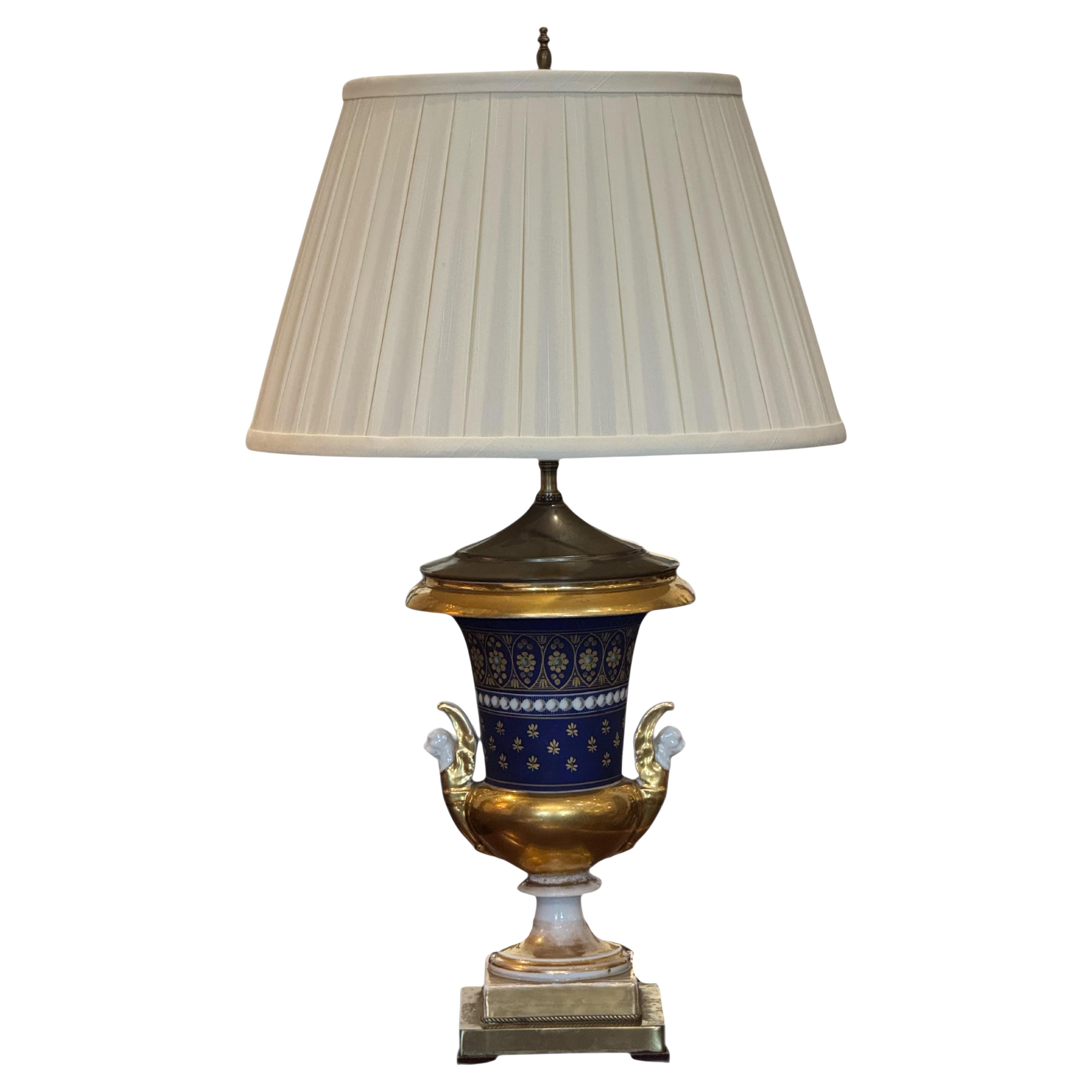 19th Century Old Paris Urn Lamp With Cobalt and Gilt Detailing
