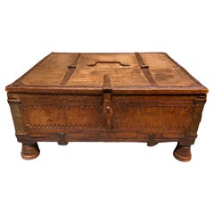 19th Century Old Portable Chest in Wood and Iron Frames Resting on Four Feet