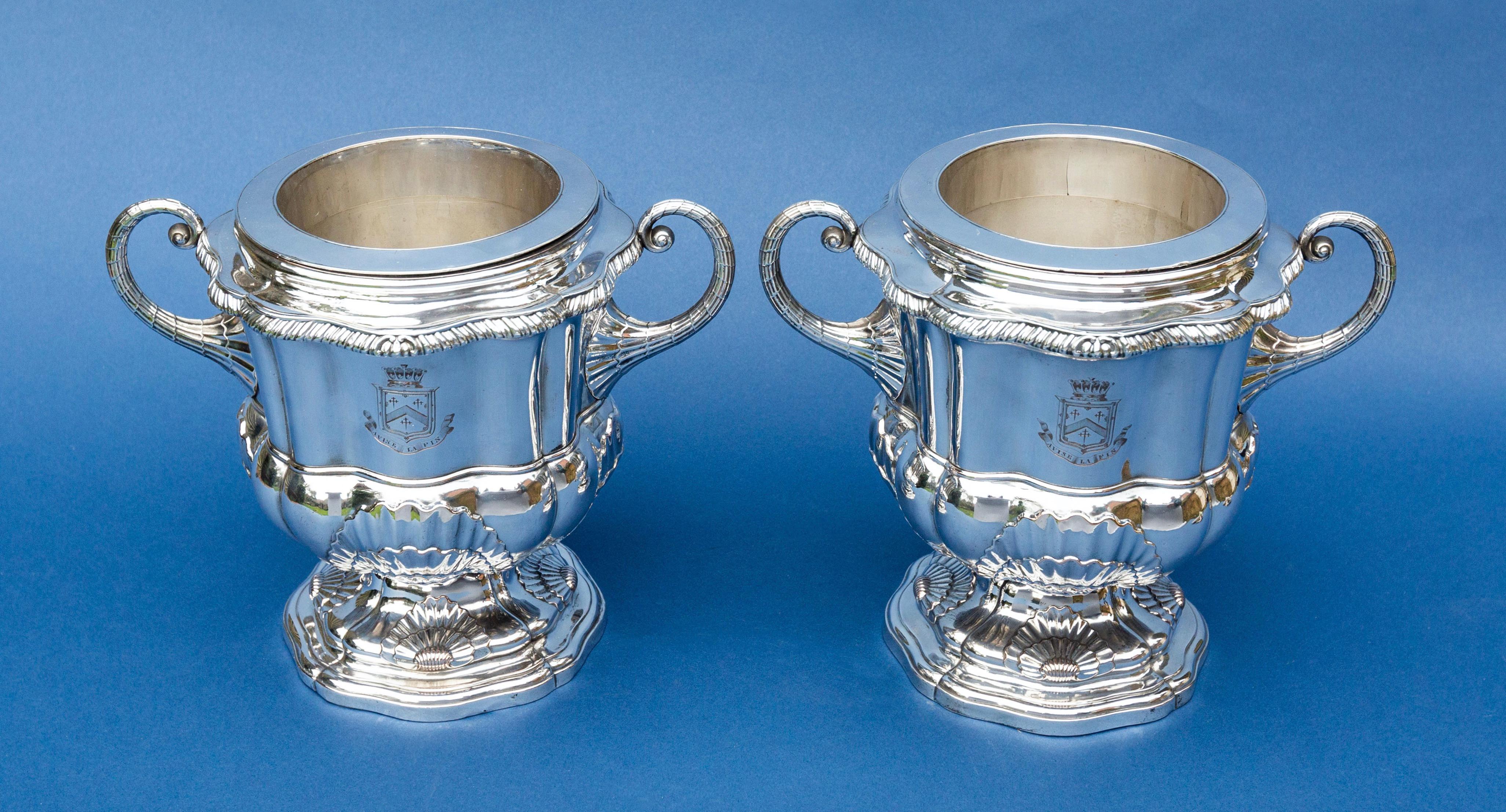 Pair of George IV Old Sheffield Plate two handled wine coolers, collars and liners, each engraved twice with the coat-of-arms and Earl's coronet of Archibald Kennedy, 1st Marquess of Ailsa (1770-1846), known as the 12th Earl of Cassillis from 1794