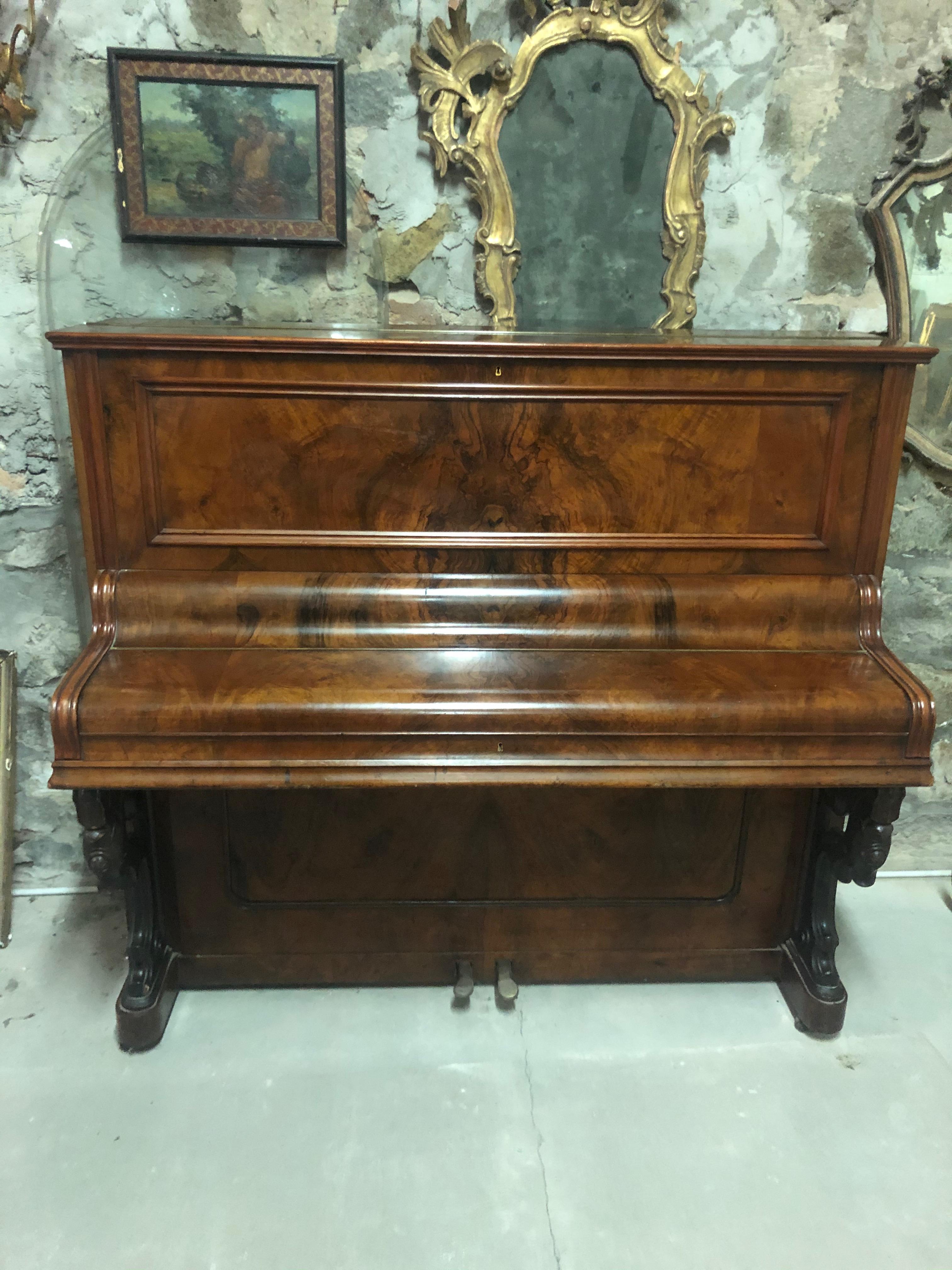 19th Century Old Walnut Burl Wall Piano For Sale 2