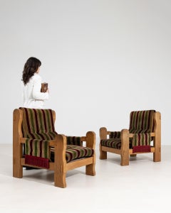 19th Century Olive Cica 1965 Wood Pair Of Brutalist Armchairs