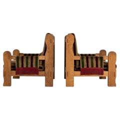 19th Century Olive Cica 1965 Wood Pair Of Brutalist Armchairs
