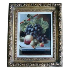 Siglo XIX Oliver Clare Bodegón al óleo sobre tabla de frutas y uvas