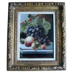Siglo XIX Oliver Clare Bodegón al óleo sobre tabla de frutas y uvas