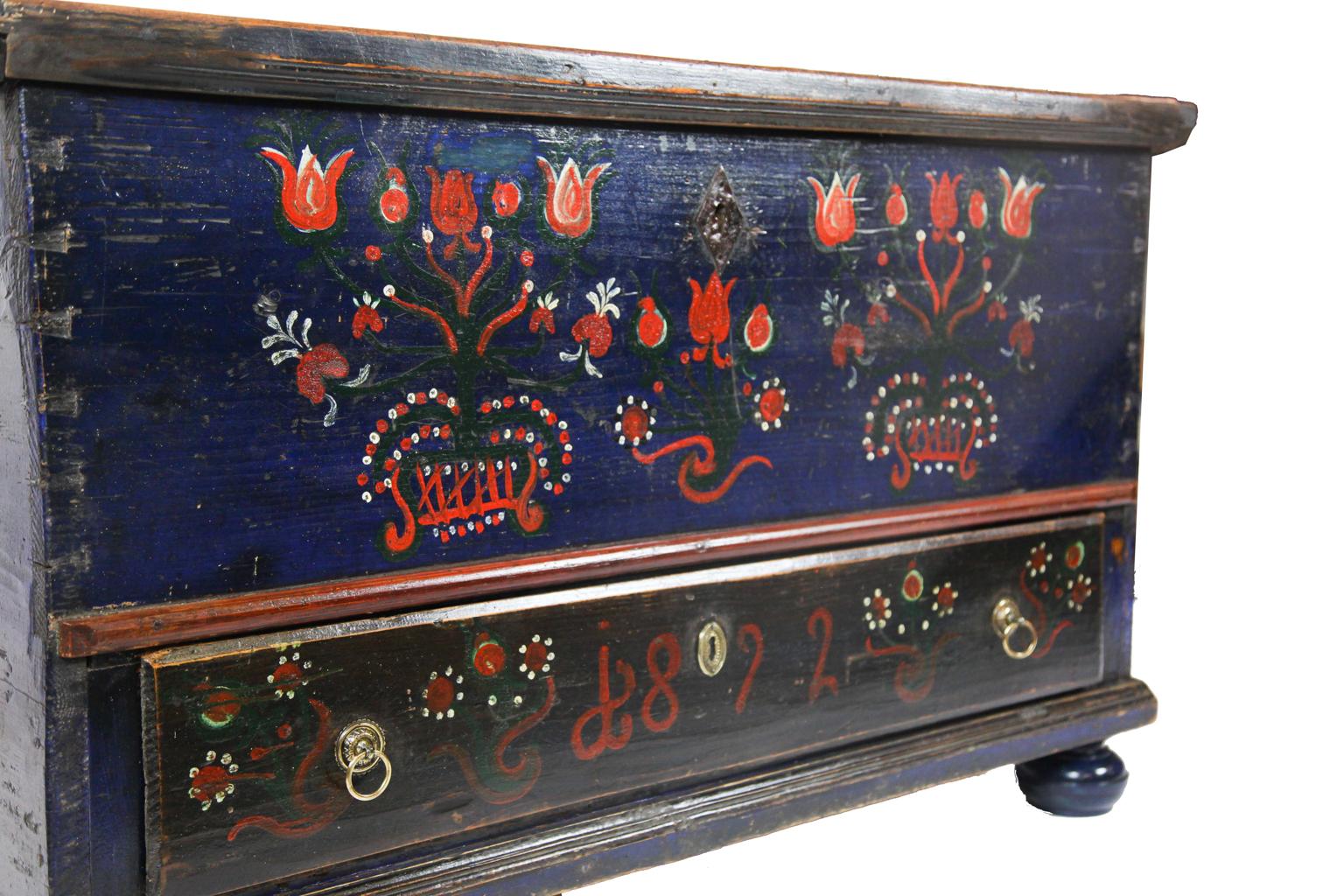 Hand-Painted 19th Century One Drawer Painted Blanket Chest