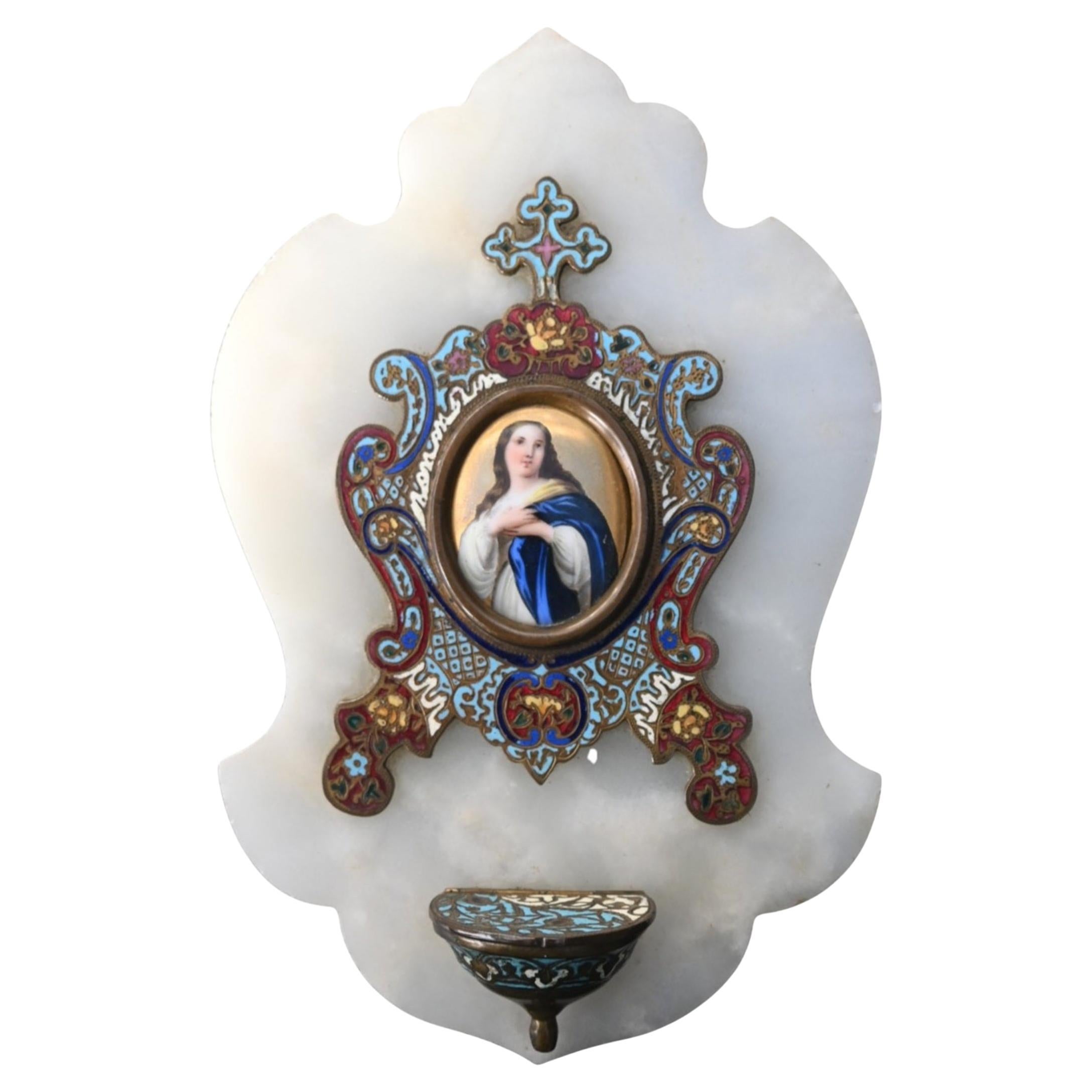 19th-Century Onyx and Champlevé Enamel Holy Water Font