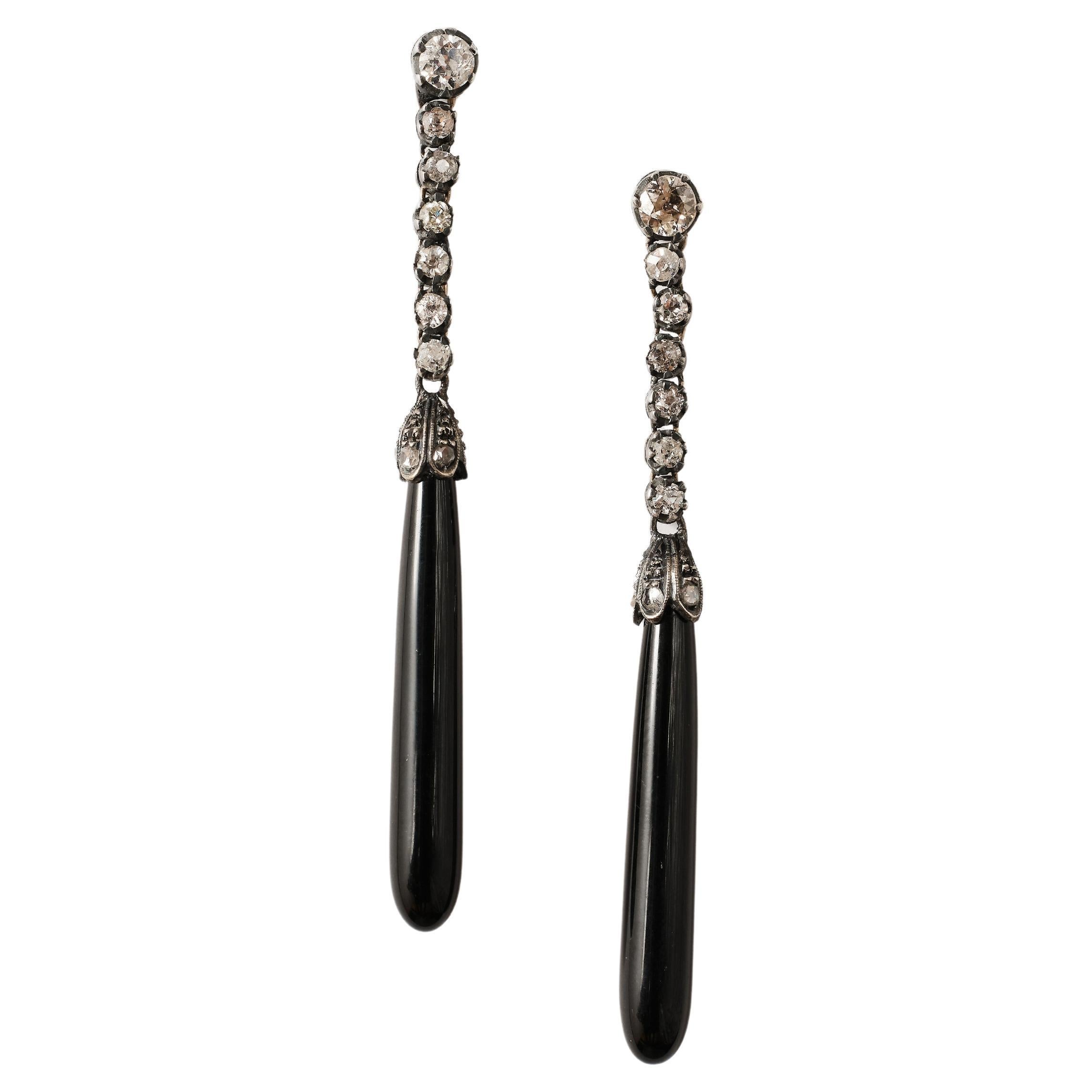 19th century onyx and diamond pendant earrings