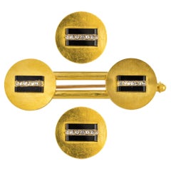 Antique 19th Century Onyx Diamonds 18 Karat Yellow Gold Vest Buttons Brooch Set