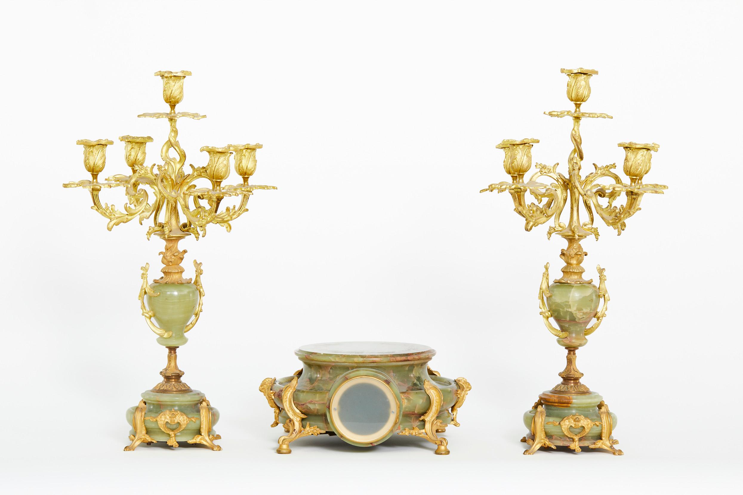 French 19th Century Onyx / Gilt Three Piece Clock Garniture For Sale