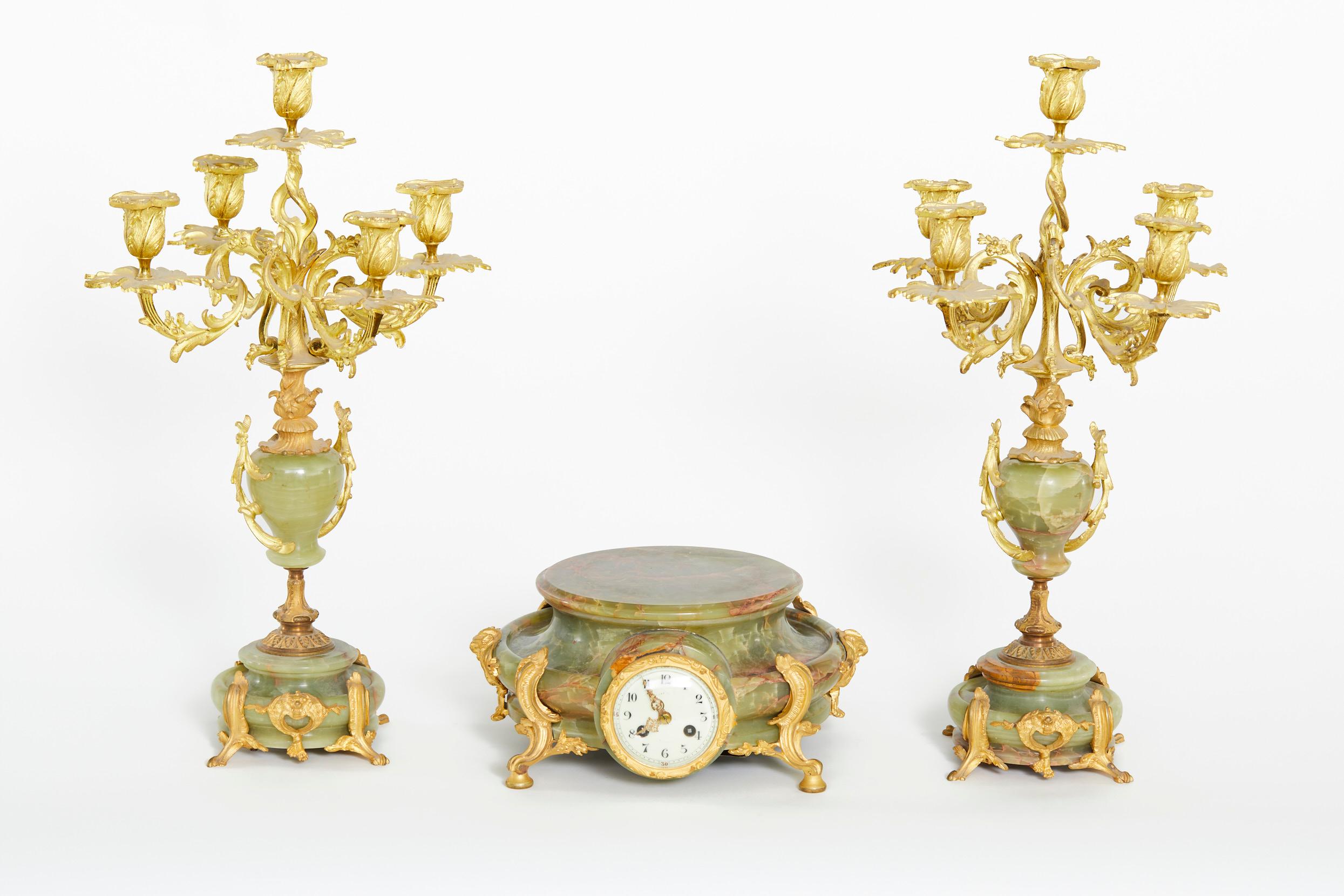 Mid-19th Century 19th Century Onyx / Gilt Three Piece Clock Garniture For Sale