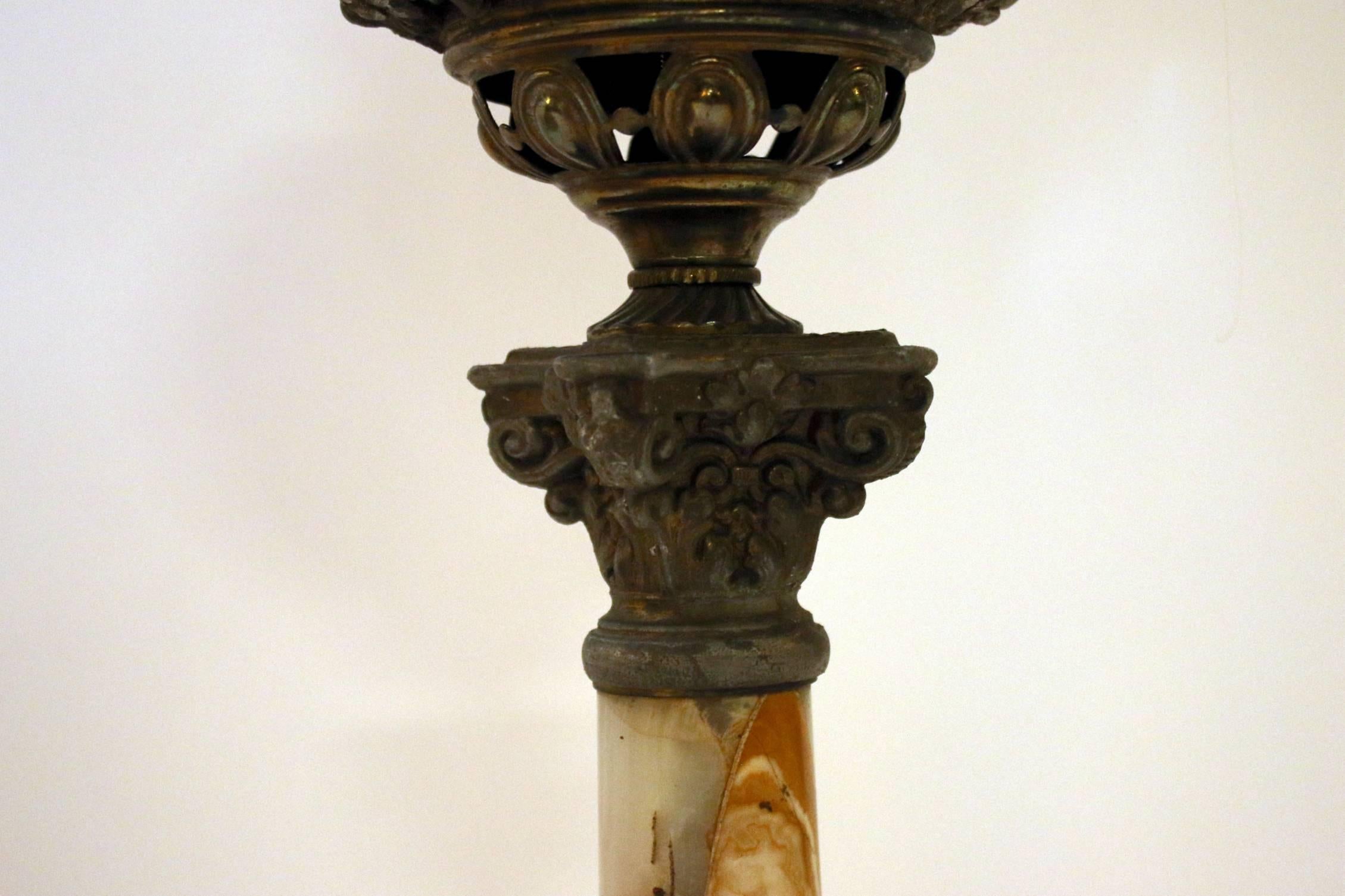 French 19th century Onyx Marble and Reticulated Bronze Table Lamp For Sale