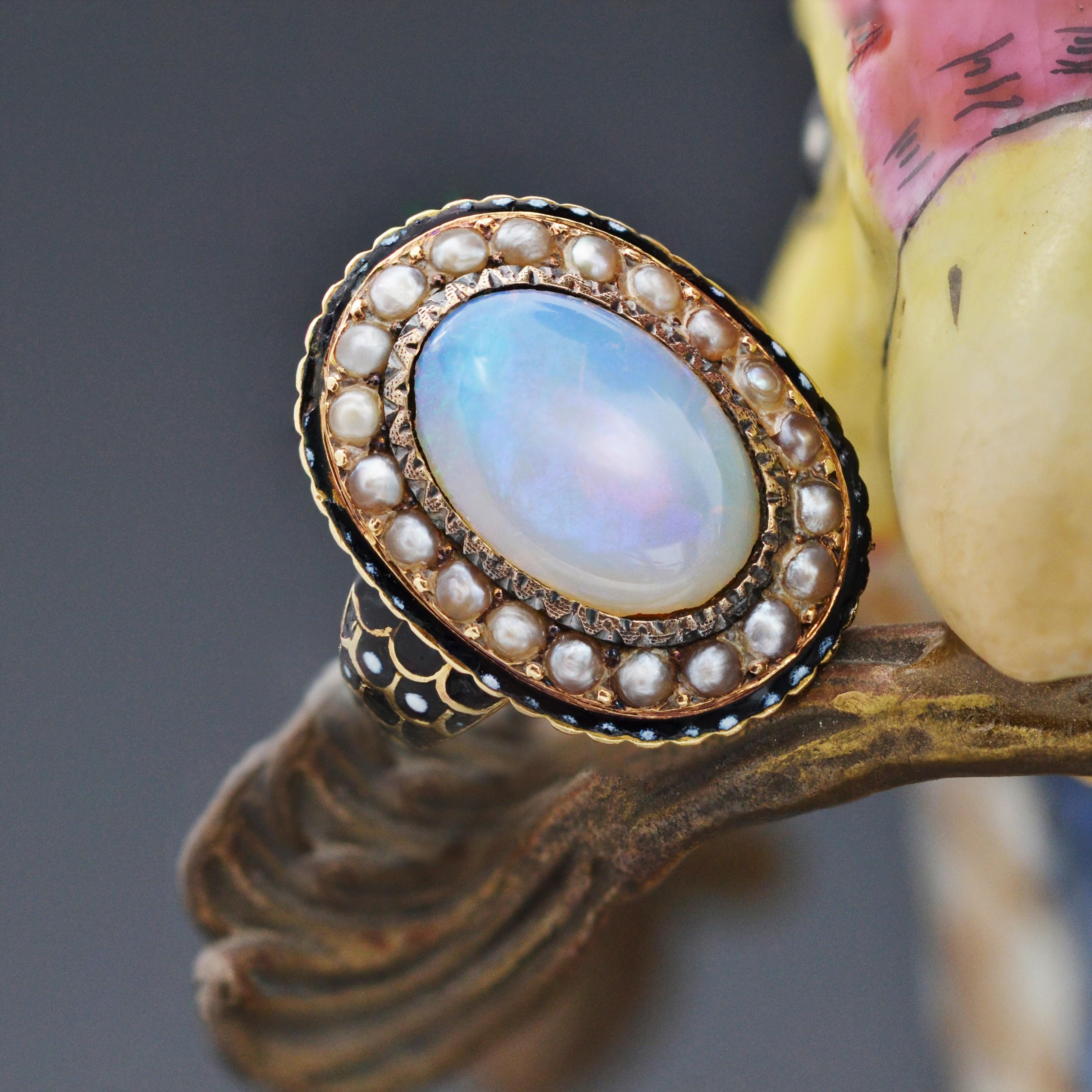 19th Century Opal Fine Pearl Enamel 18 Karat Yellow Gold Ring For Sale 6