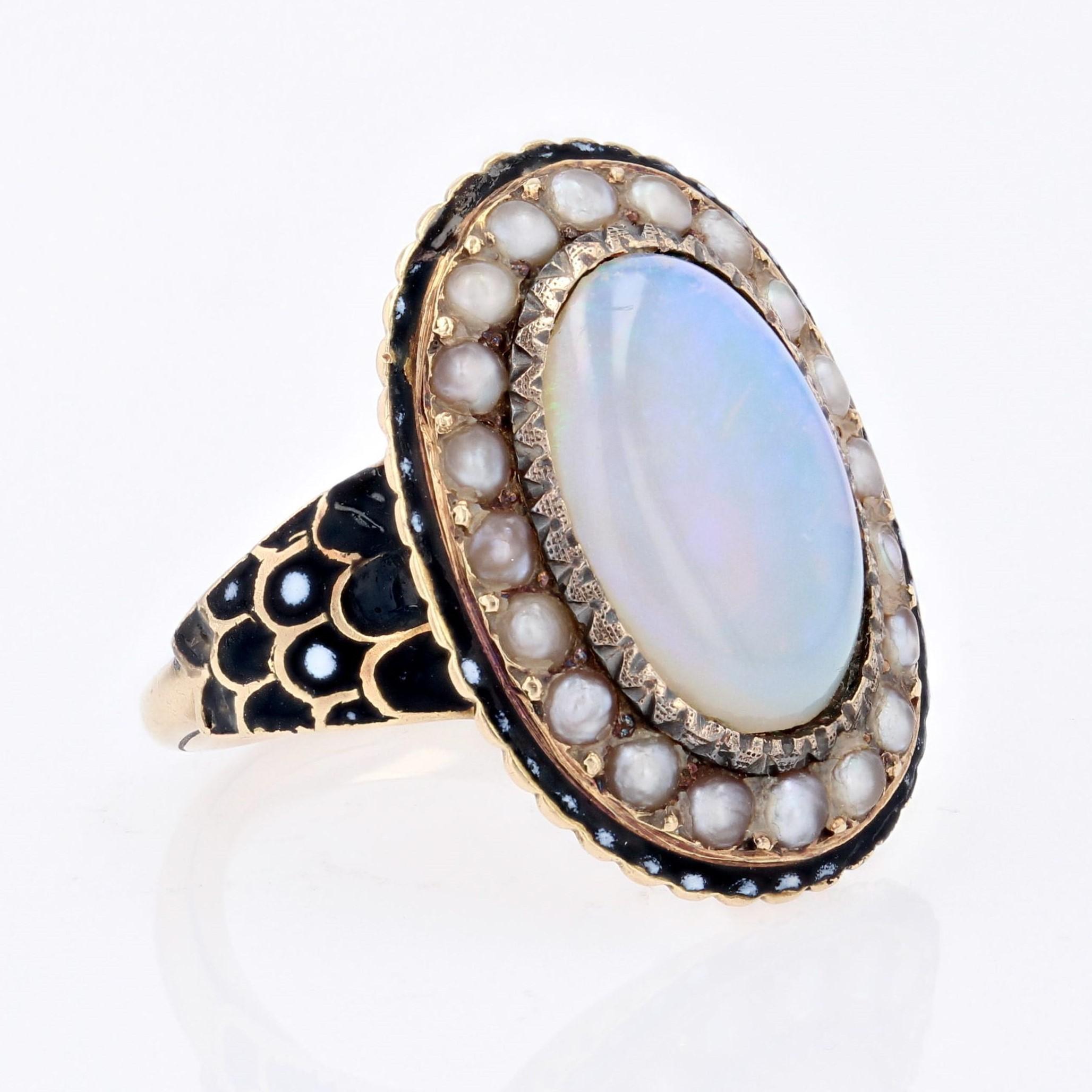 19th Century Opal Fine Pearl Enamel 18 Karat Yellow Gold Ring For Sale 7