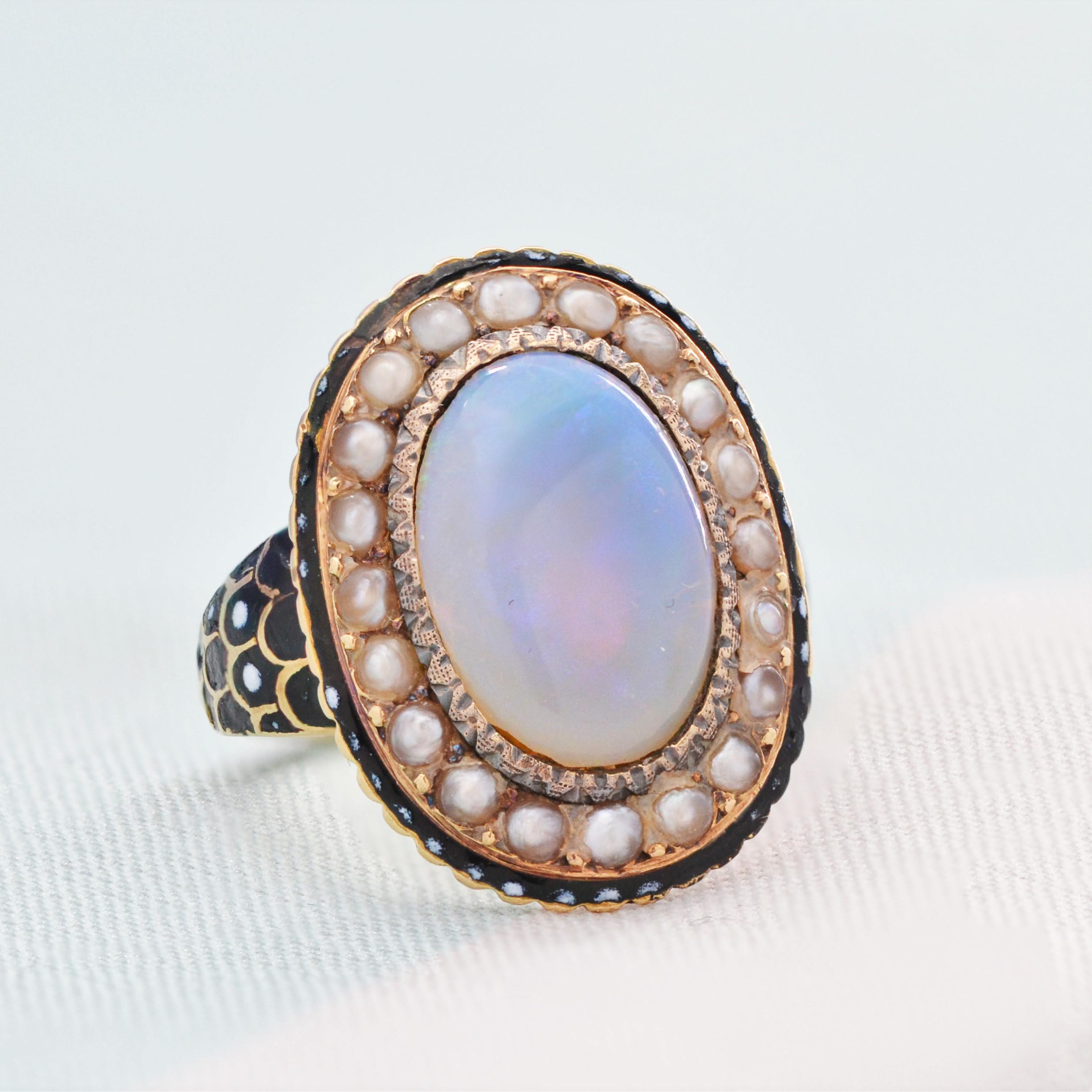 19th Century Opal Fine Pearl Enamel 18 Karat Yellow Gold Ring For Sale 9