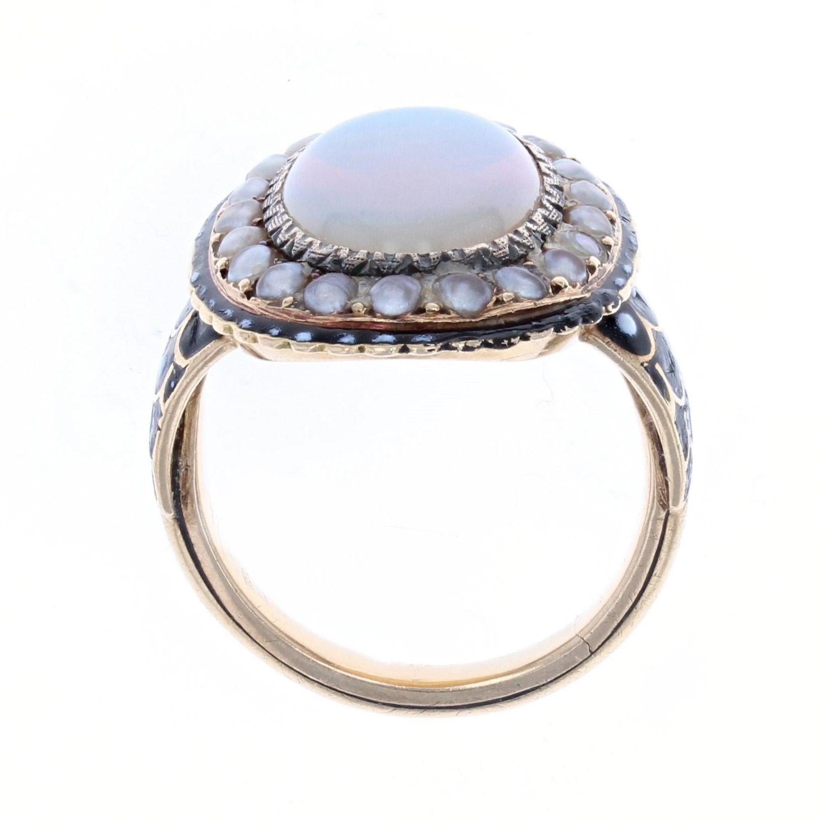 19th Century Opal Fine Pearl Enamel 18 Karat Yellow Gold Ring For Sale 11