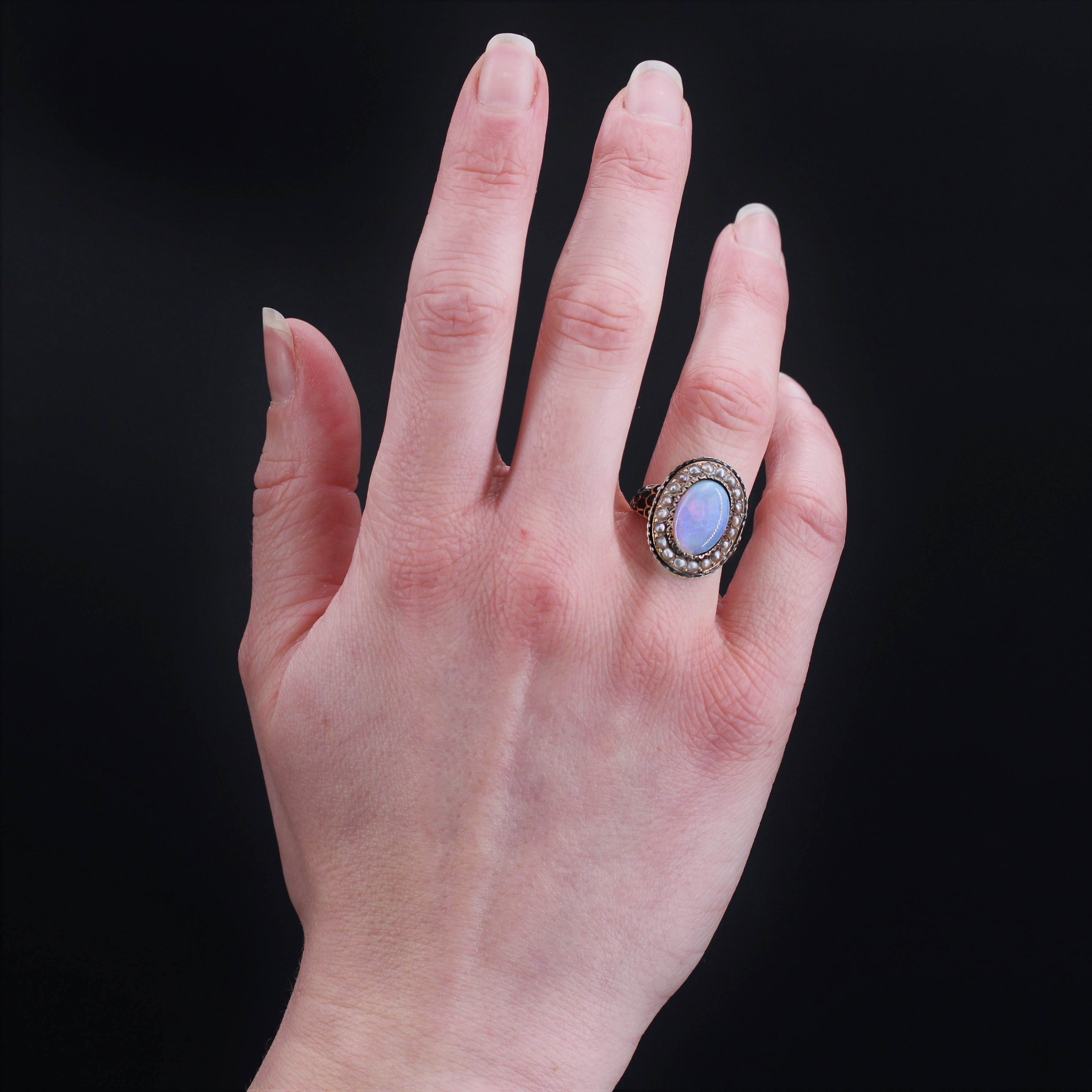 Women's 19th Century Opal Fine Pearl Enamel 18 Karat Yellow Gold Ring For Sale