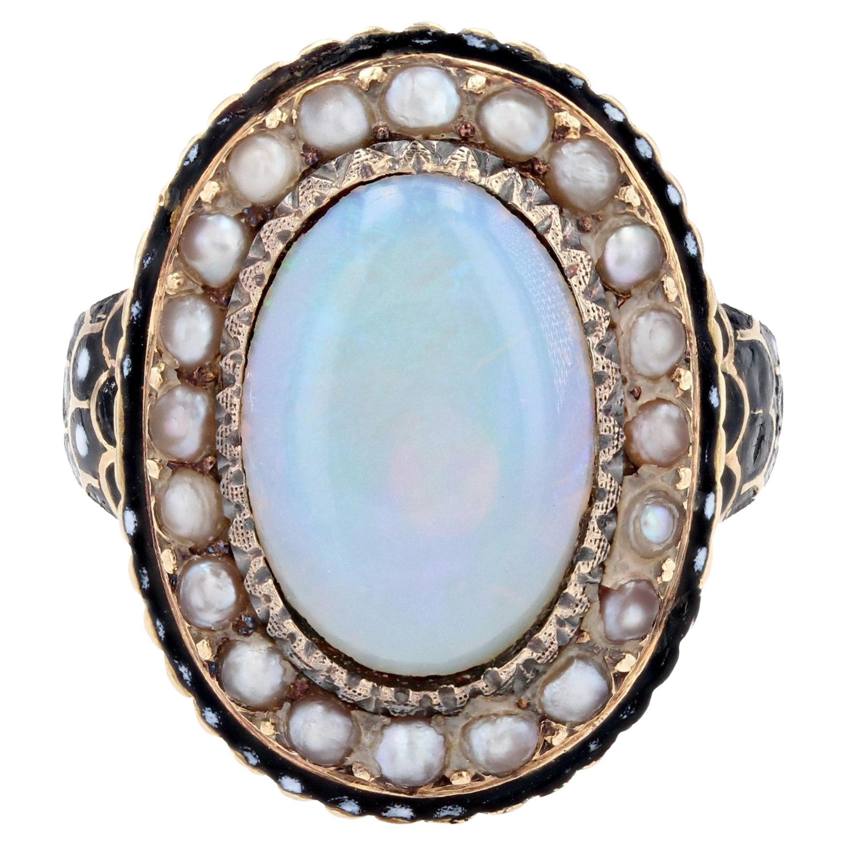 19th Century Opal Fine Pearl Enamel 18 Karat Yellow Gold Ring