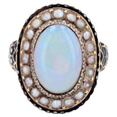 19th Century Opal Fine Pearl Enamel 18 Karat Yellow Gold Ring