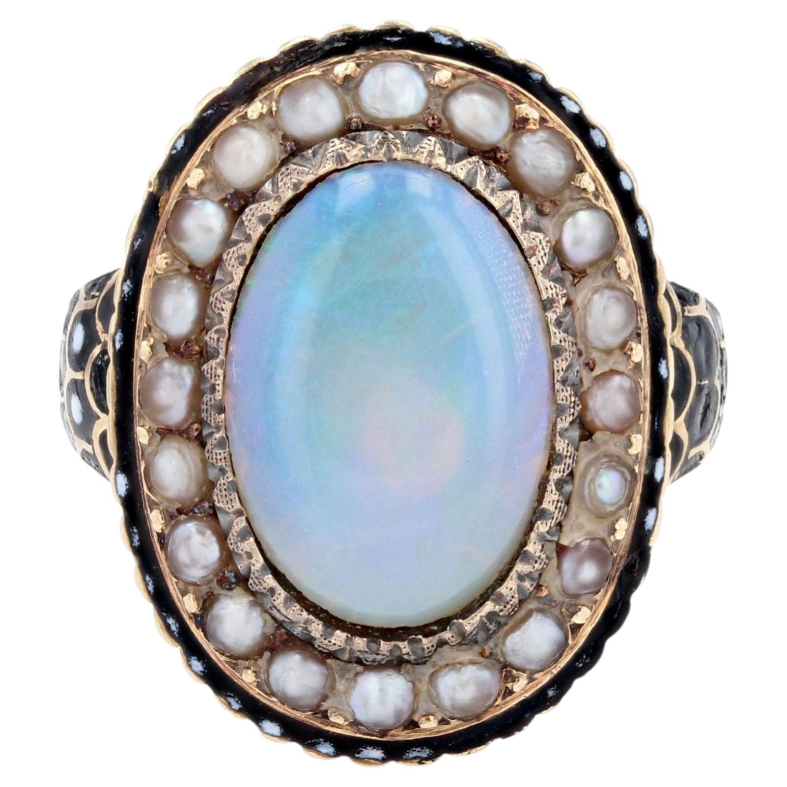 19th Century Opal Fine Pearl Enamel 18 Karat Yellow Gold Ring For Sale