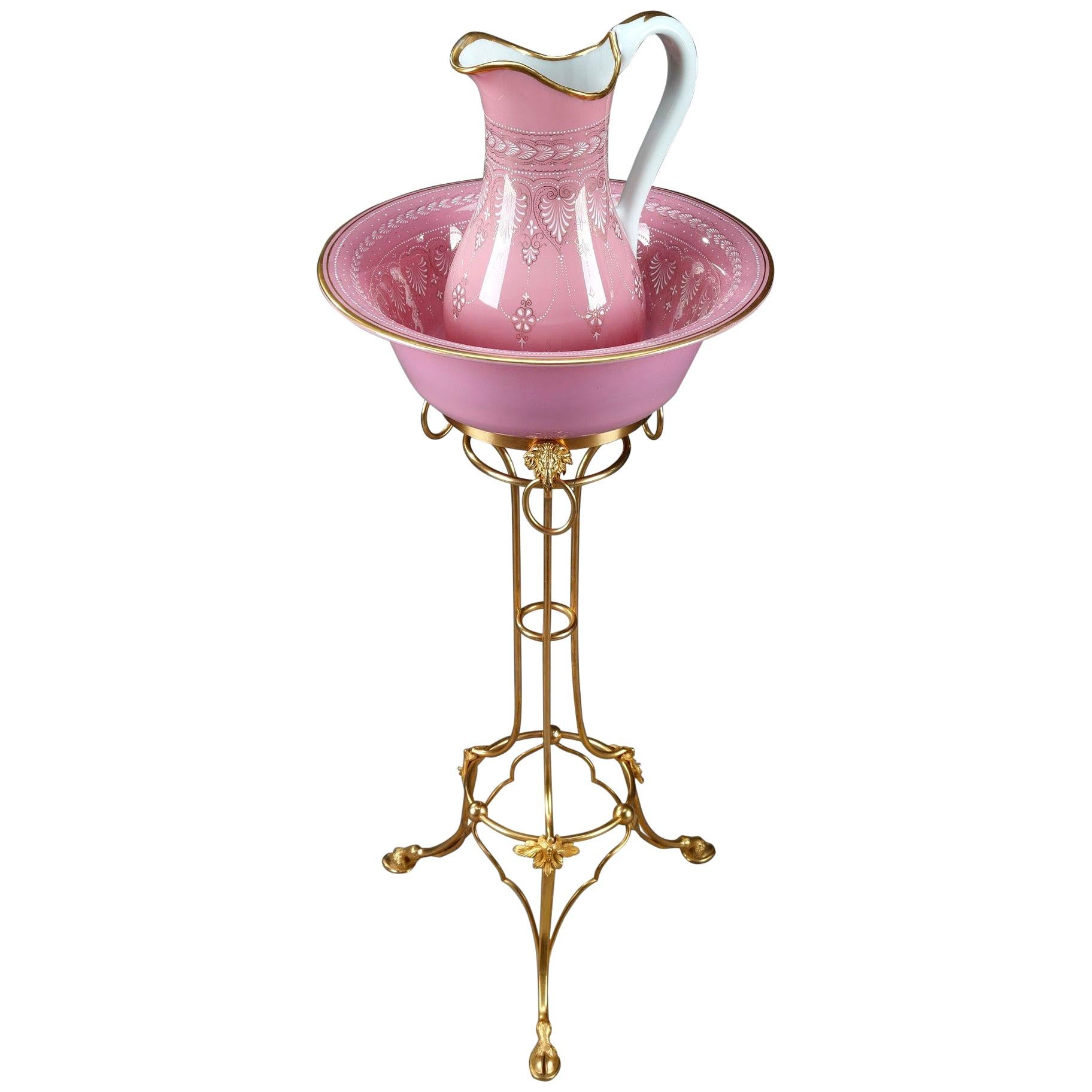 19th Century Frosted Glass Ewer with Matching Pair of Drinking Glasses