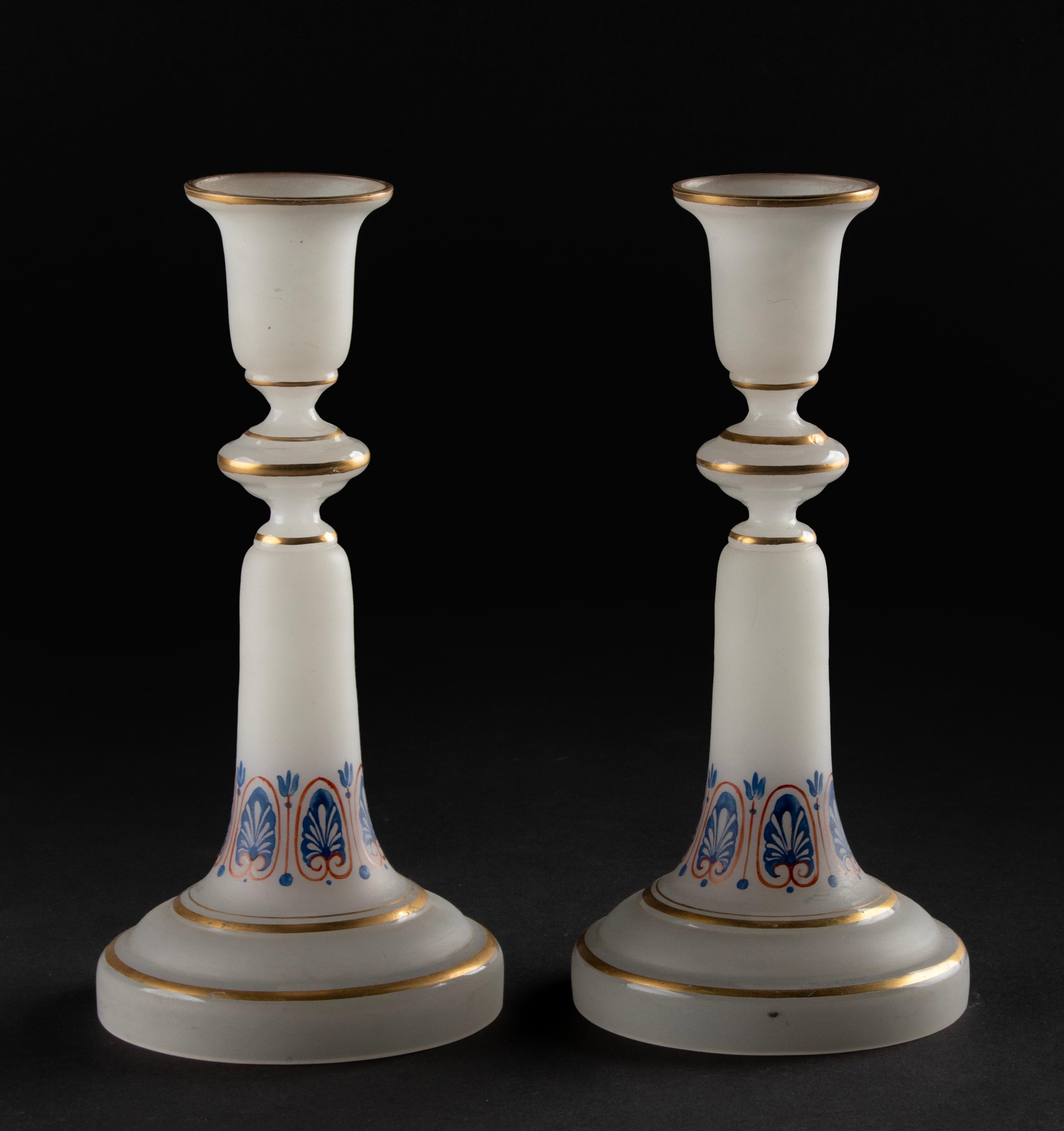 Gothic Revival 19th Century Opaline Glass Candlesticks For Sale