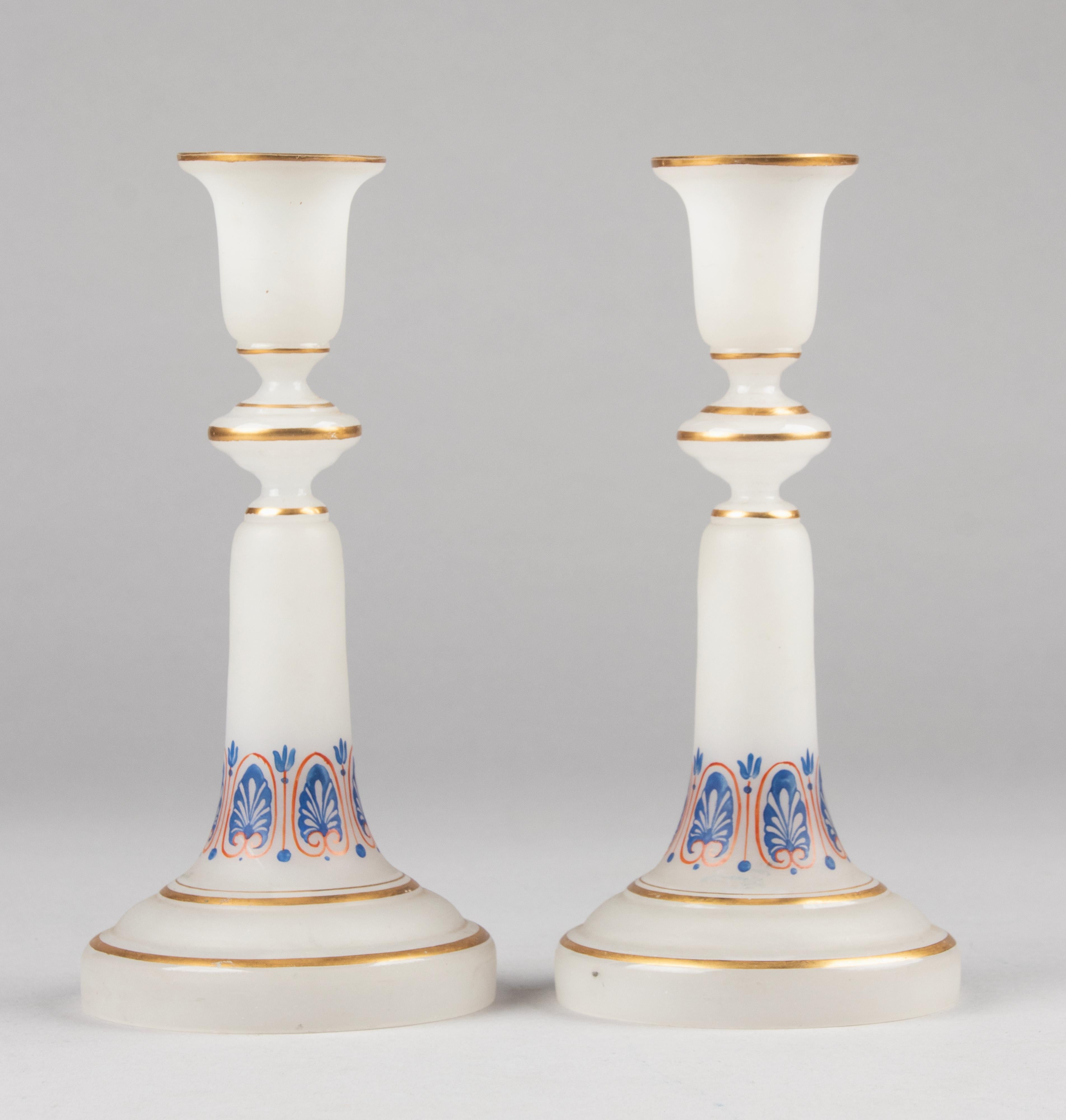 Hand-Crafted 19th Century Opaline Glass Candlesticks For Sale
