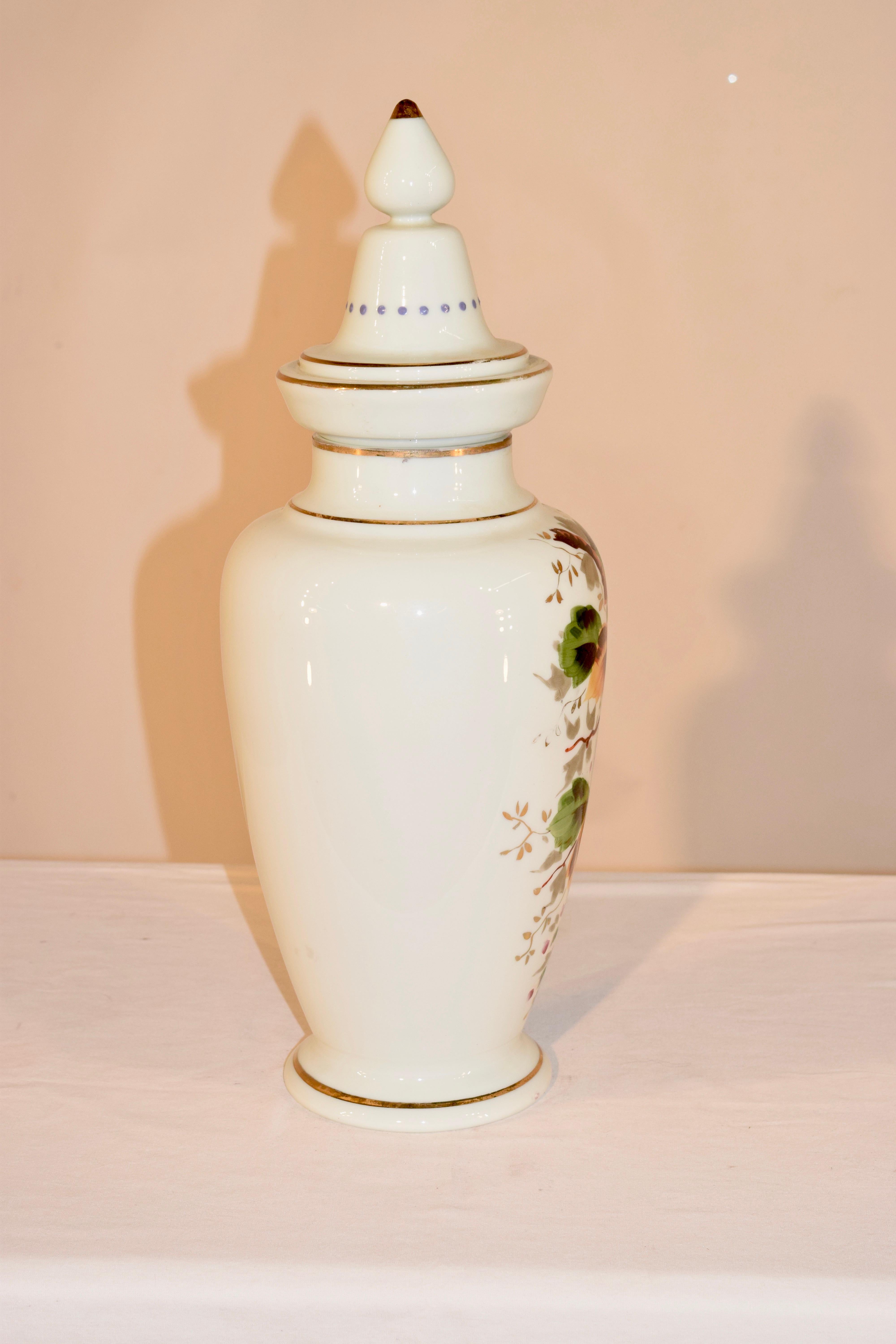 Hand-Painted 19th Century Opaline Glass Lidded Urn For Sale