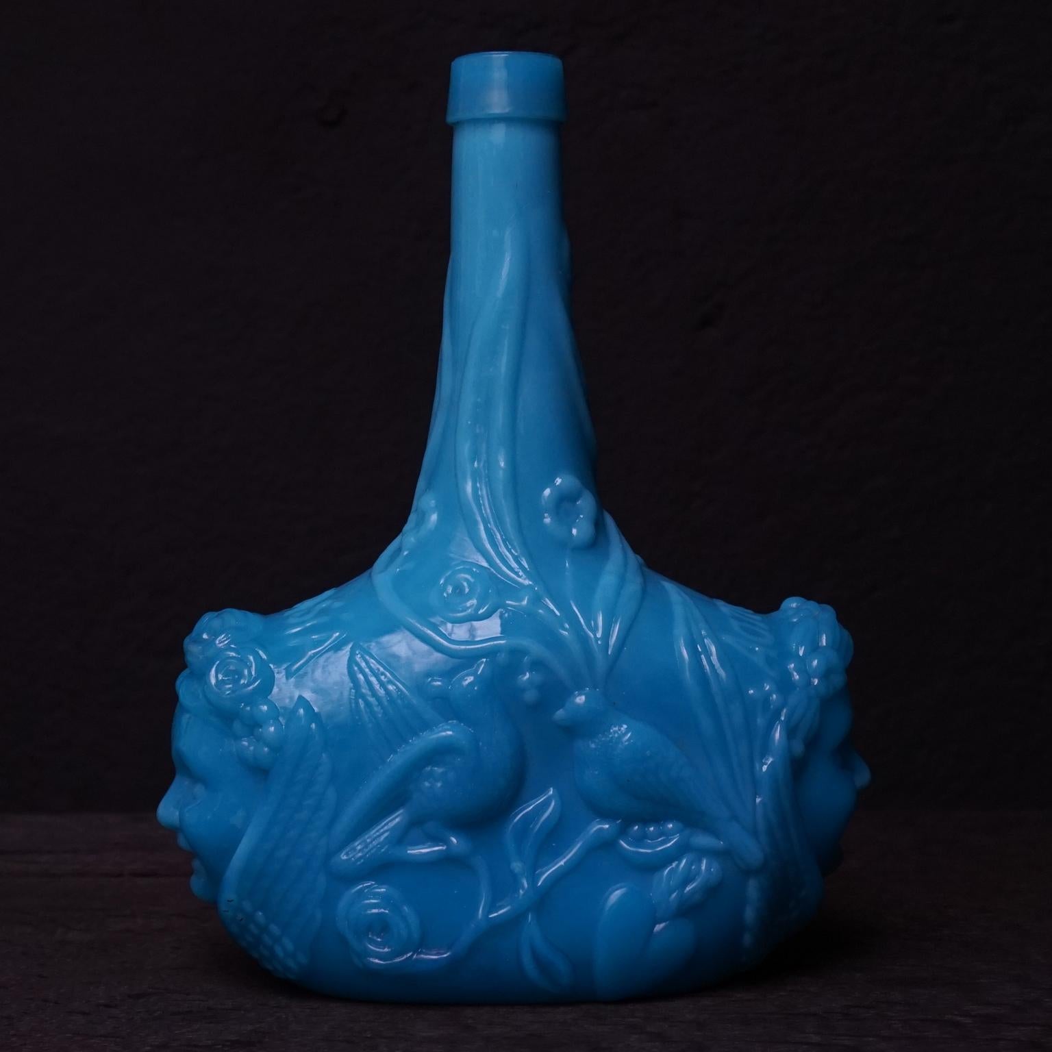 Opaline Glass 19th Century Opaline 'Milk' Glass Aspasia Salve Liquor Bottles in Blue and Sage For Sale