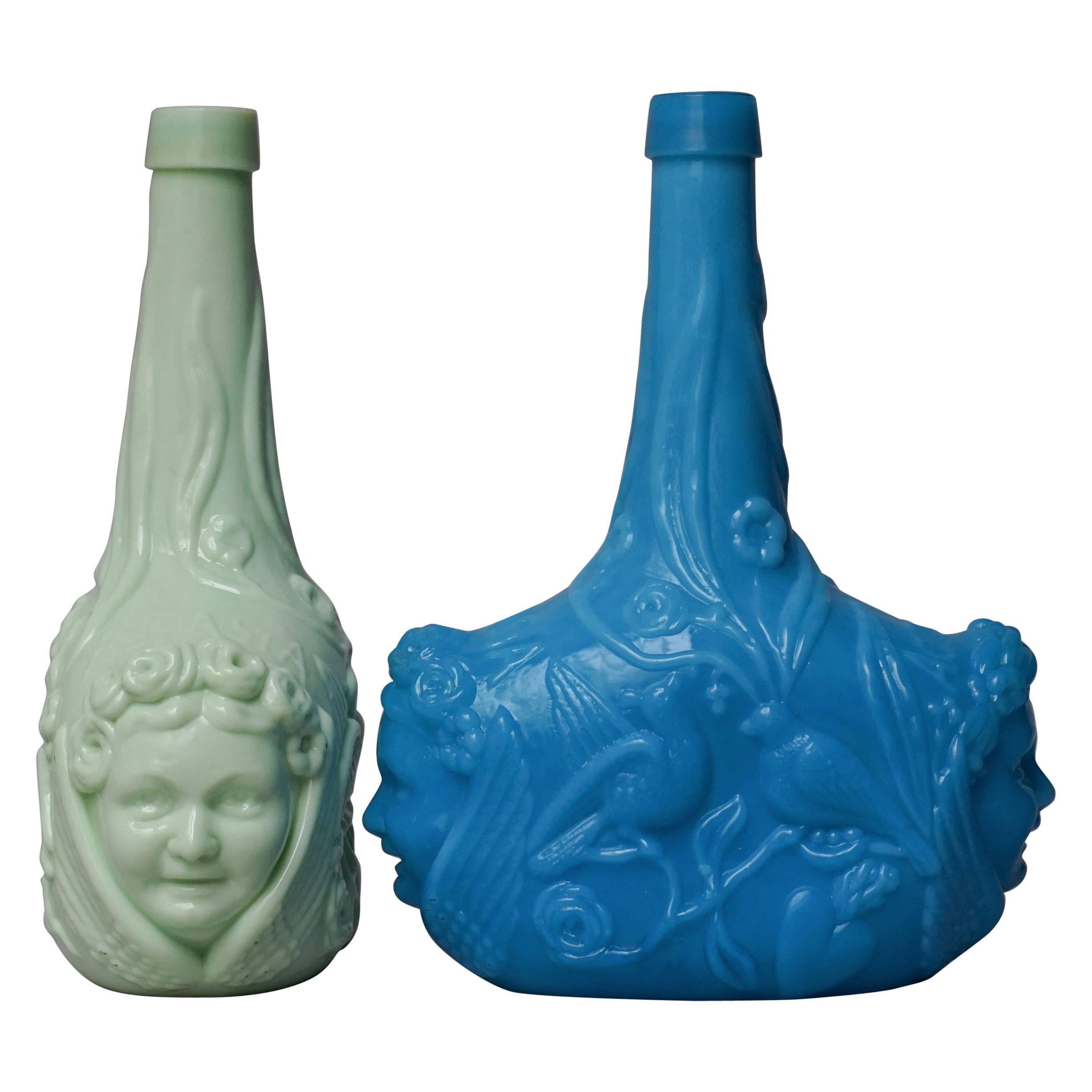 19th Century Opaline 'Milk' Glass Aspasia Salve Liquor Bottles in Blue and Sage For Sale