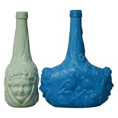 19th Century Opaline 'Milk' Glass Aspasia Salve Liquor Bottles in Blue and Sage