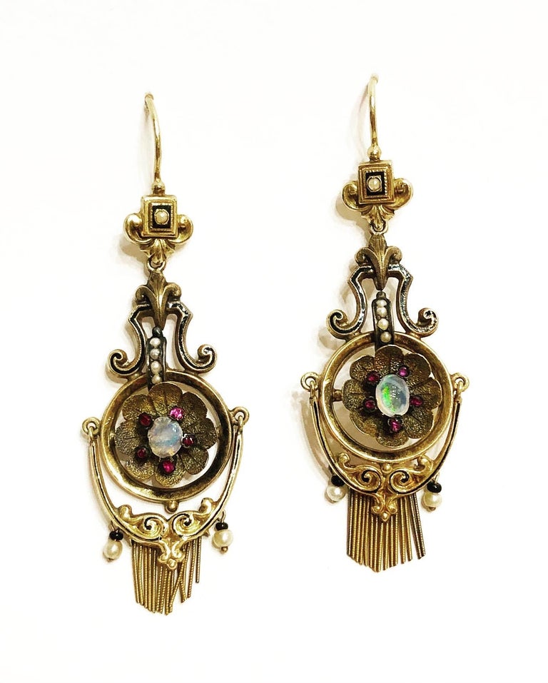 Victorian Opal, Pearl and Red Tourmaline Yellow Gold Earrings and ...