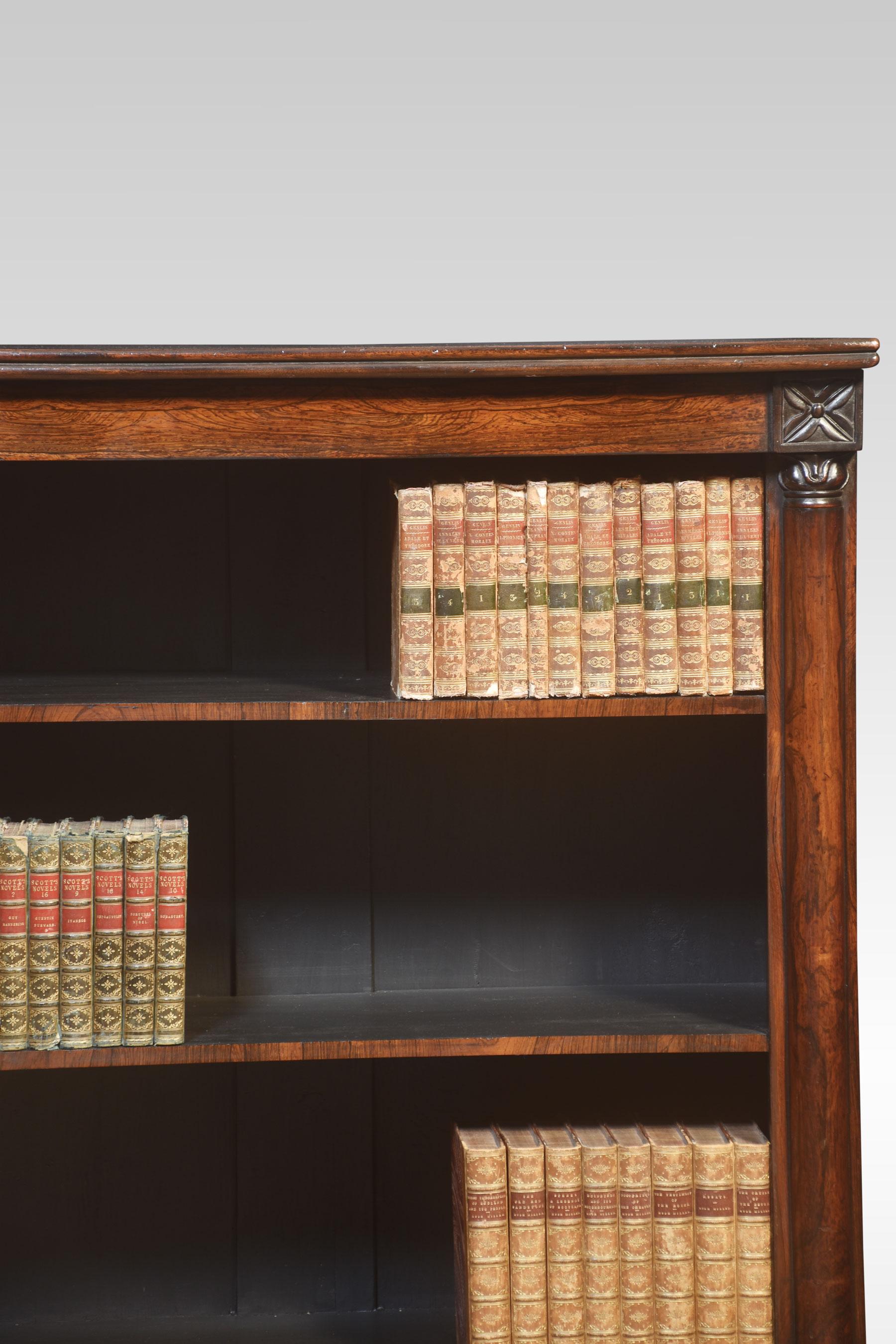 19th century Open bookcase, the rectangular well-figured top above-molded frieze supported on capped columns. Enclosing the adjustable shelved interior, all raised up on a plinth base.
Dimensions
Height 36.5 Inches
Width 36.5 Inches
Depth 12.5