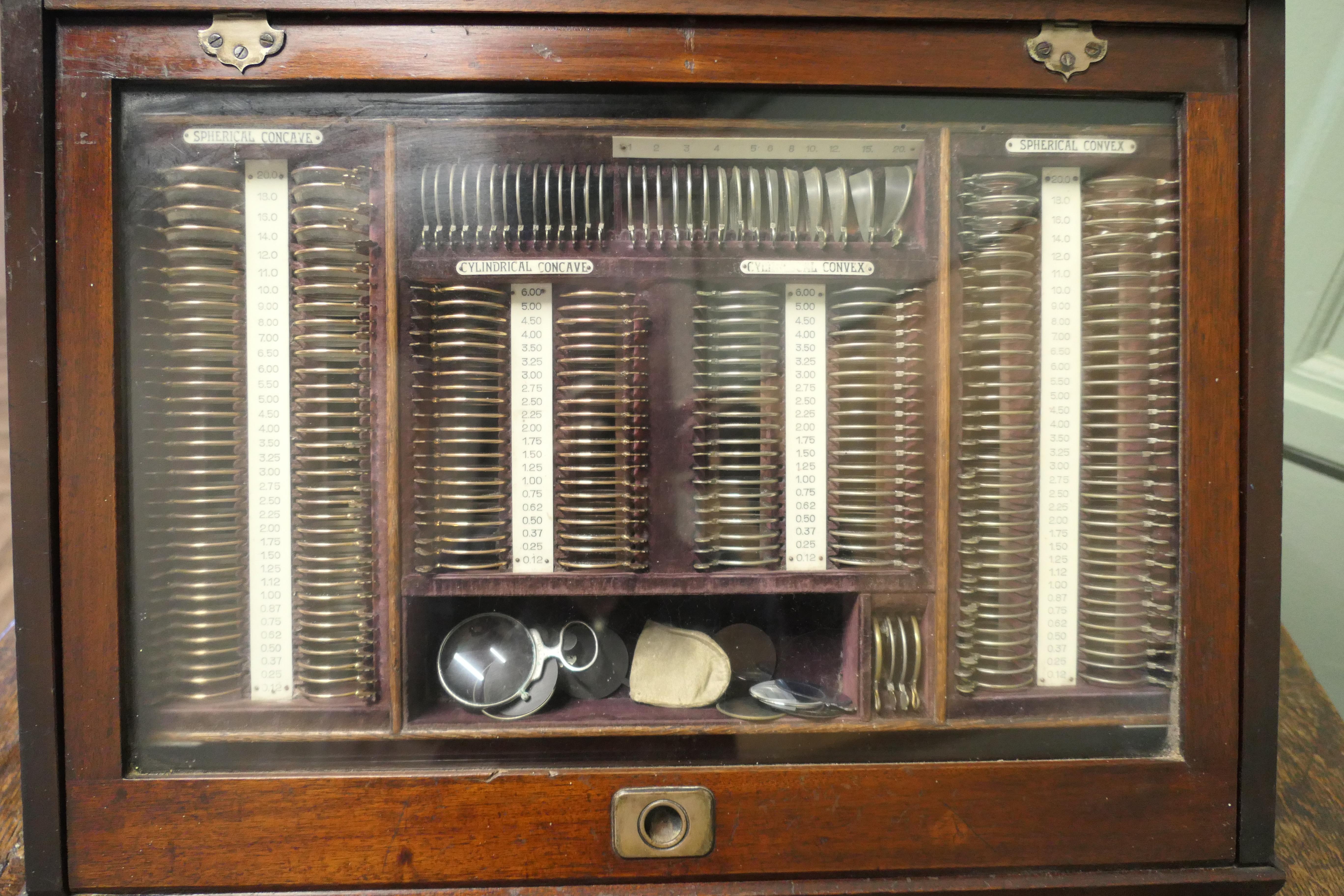 Victorian 19th Century Optician or Optometrist Test Glasses Lens Kit in Cabinet For Sale