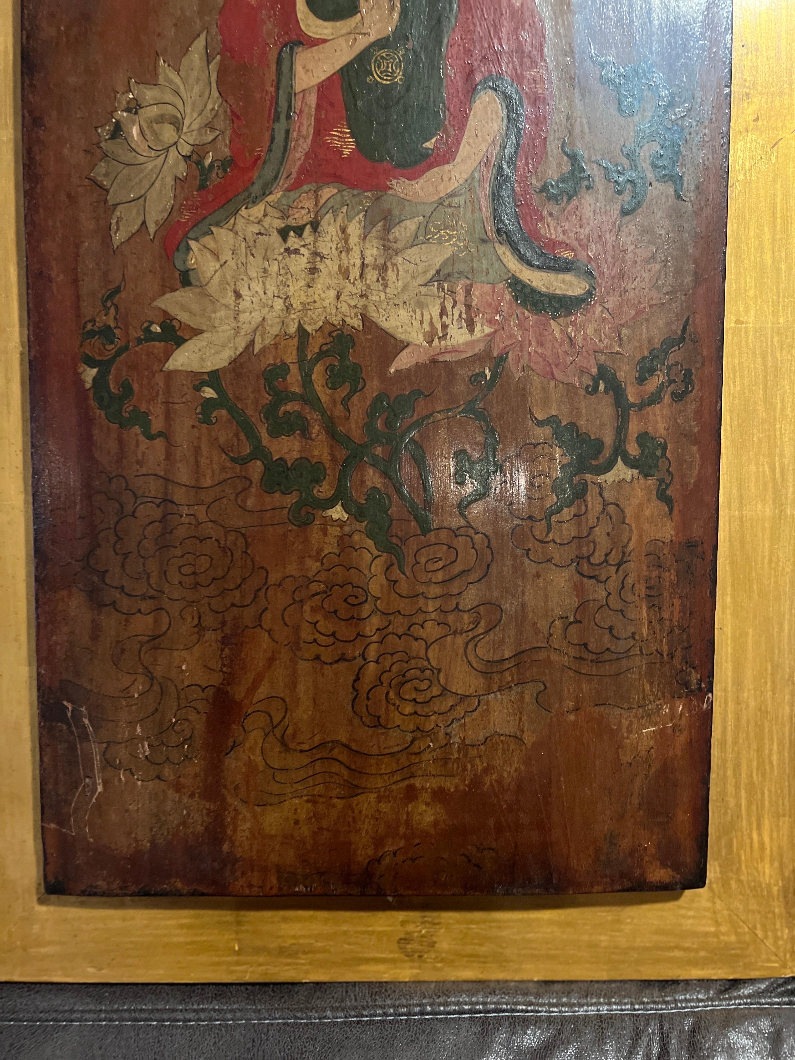 Chinoiserie 19th Century or Earlier Buddhist Painted Lacquered Wood Panel For Sale