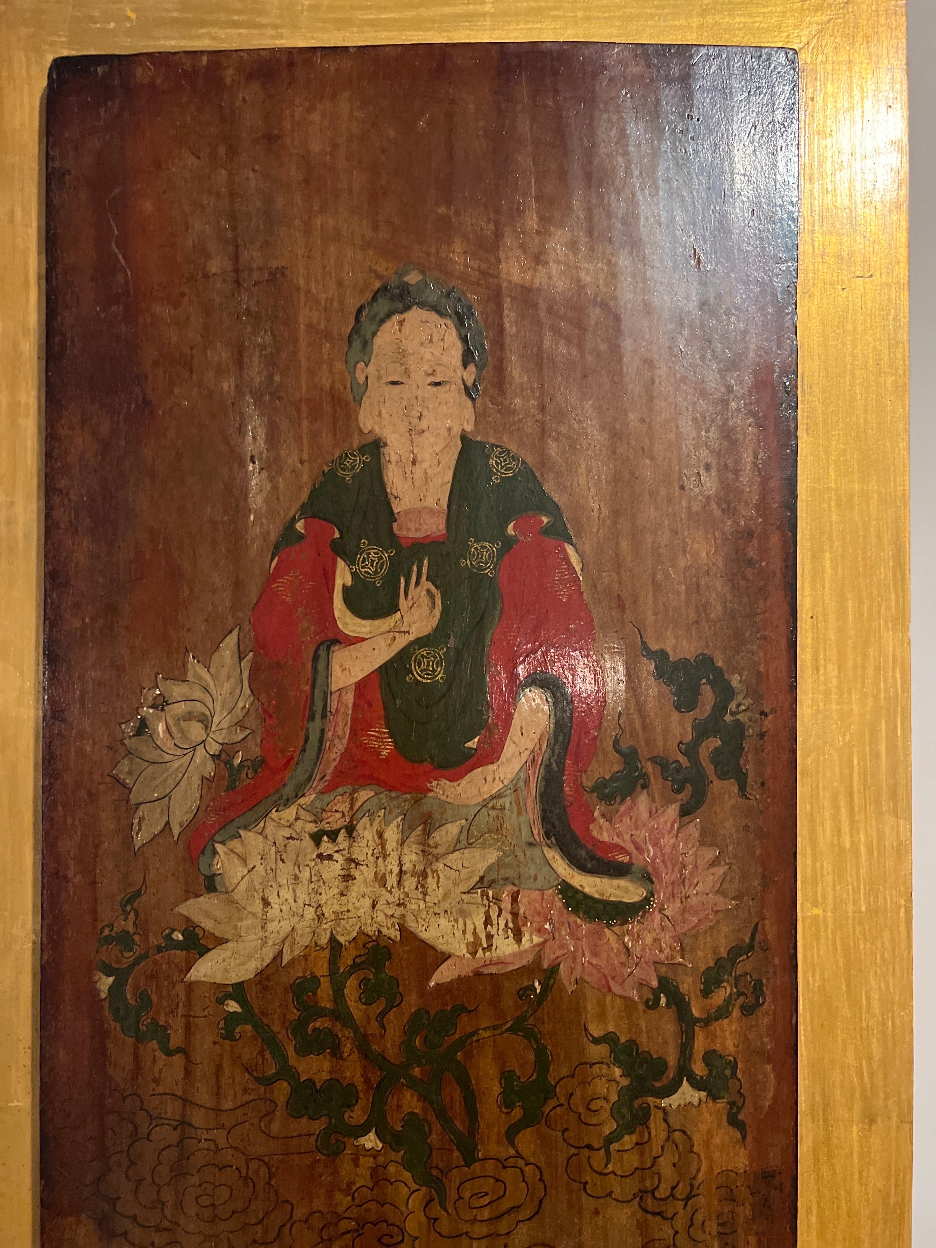 Chinese 19th Century or Earlier Buddhist Painted Lacquered Wood Panel For Sale
