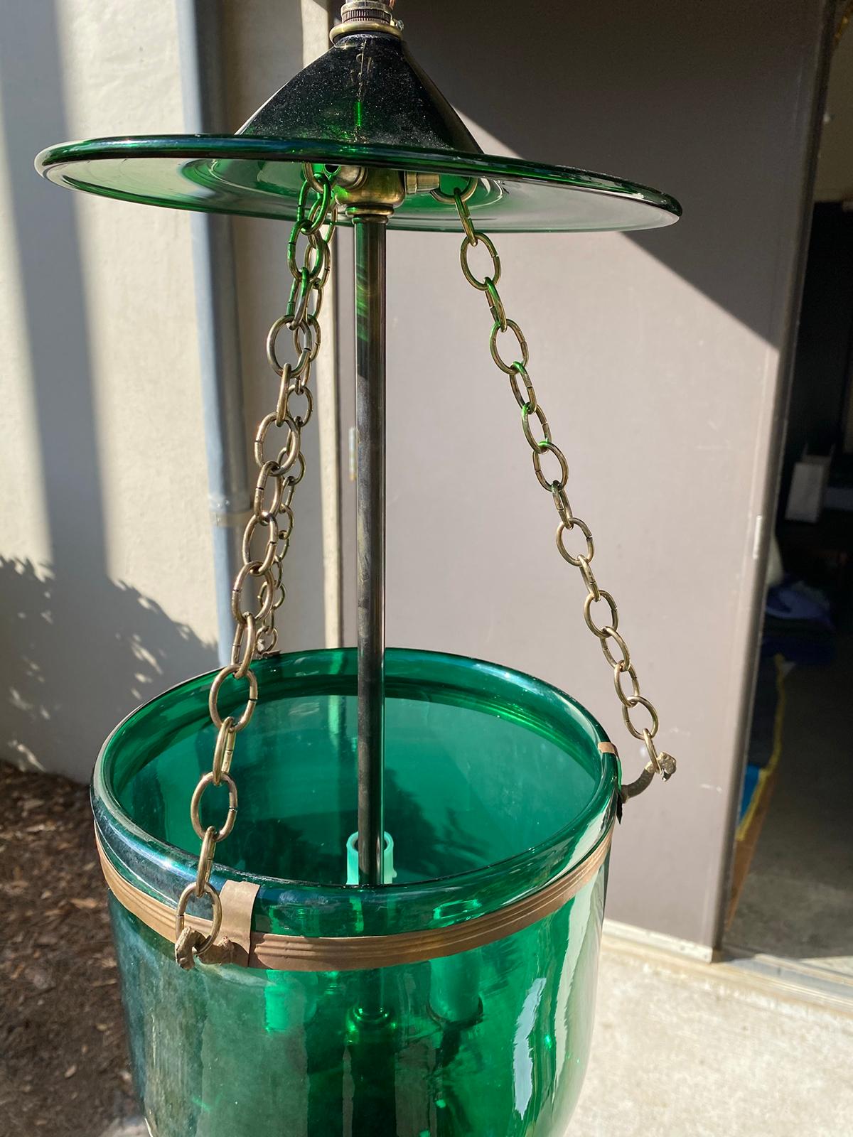 19th Century or Earlier Green Glass Three-Light Brass Bound Belljar Lantern For Sale 7