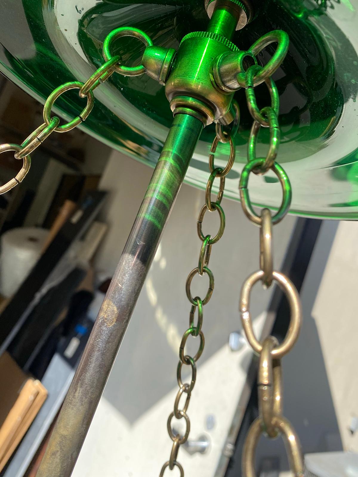 19th Century or Earlier Green Glass Three-Light Brass Bound Belljar Lantern For Sale 8