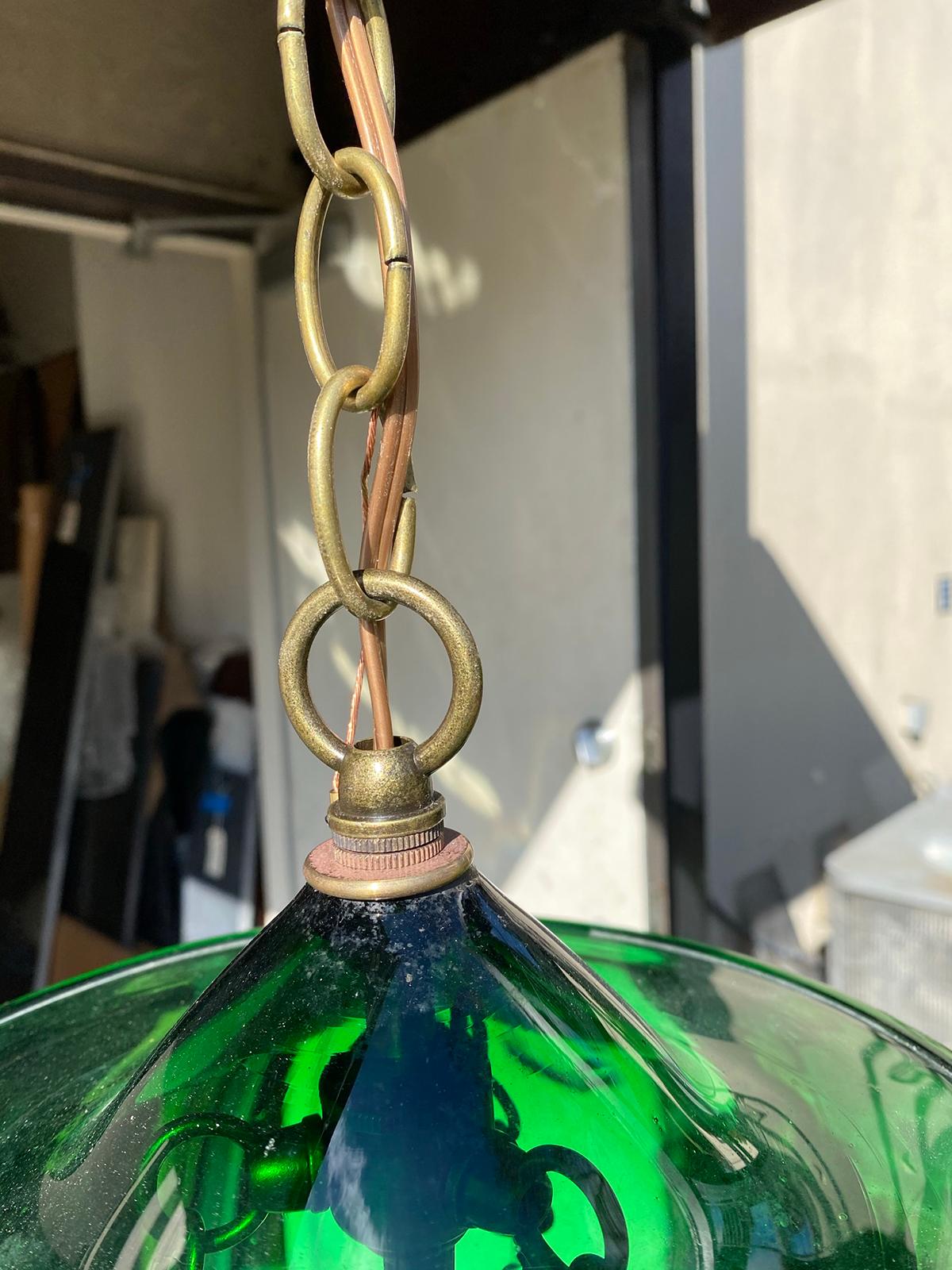 19th Century or Earlier Green Glass Three-Light Brass Bound Belljar Lantern For Sale 11