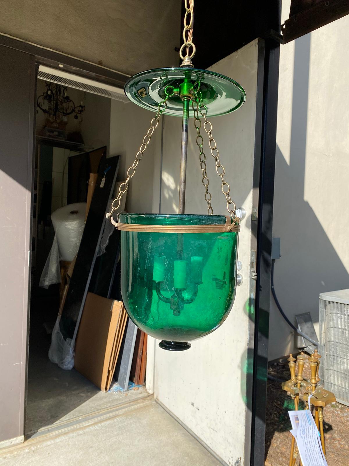 19th century or earlier green glass three-light brass bound belljar lantern.
New wiring.