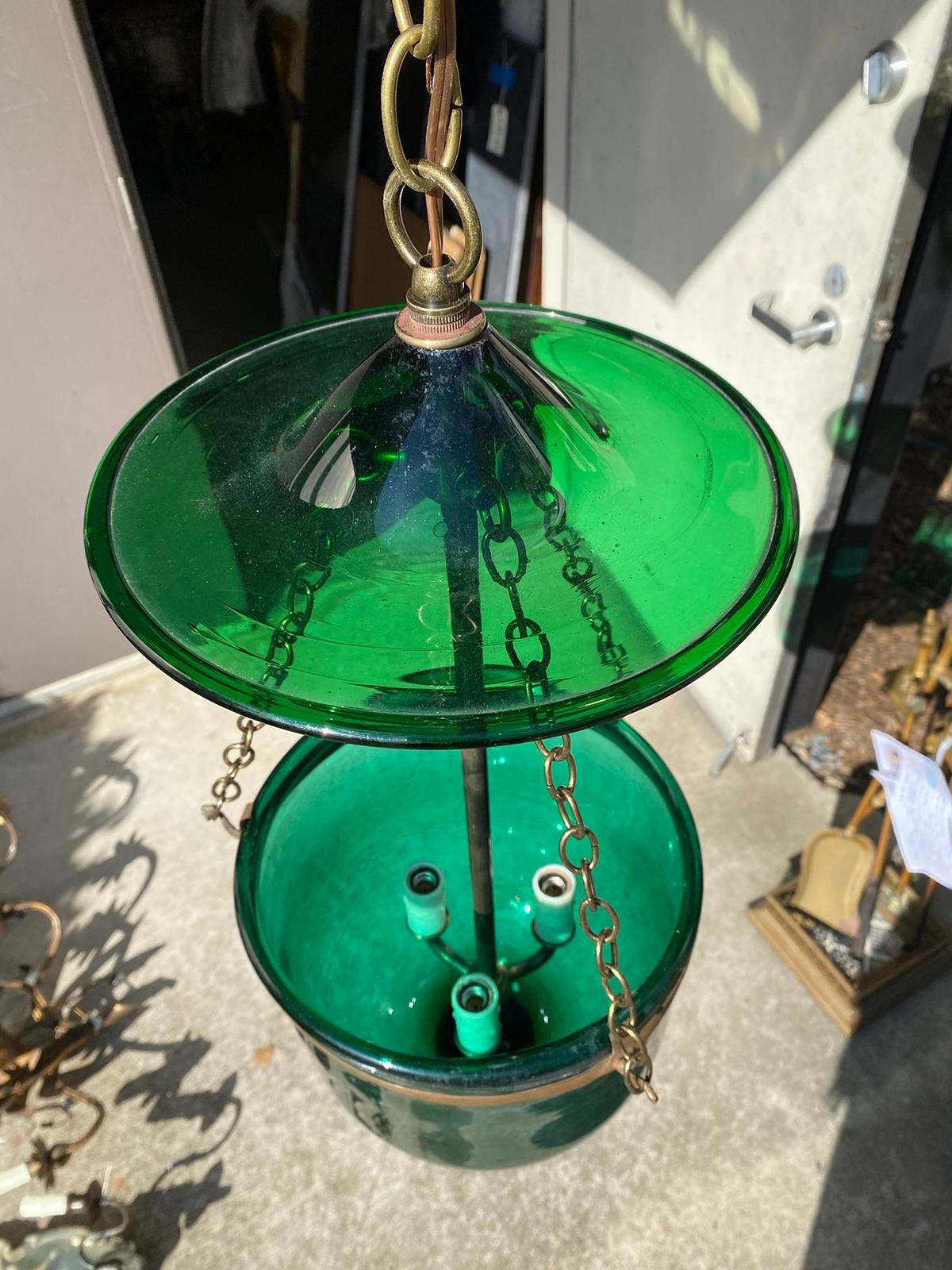 19th Century or Earlier Green Glass Three-Light Brass Bound Belljar Lantern For Sale 1