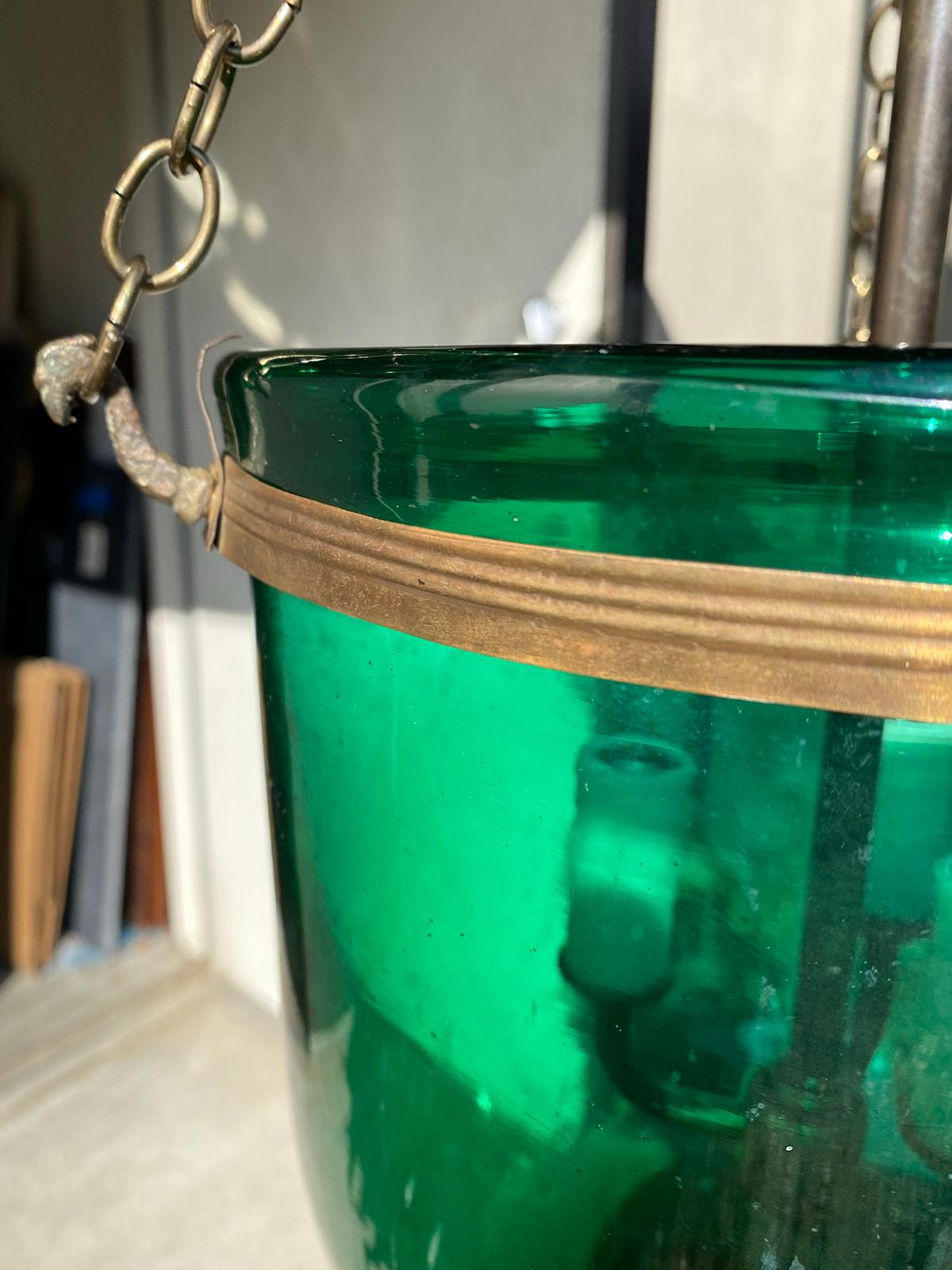 19th Century or Earlier Green Glass Three-Light Brass Bound Belljar Lantern For Sale 2