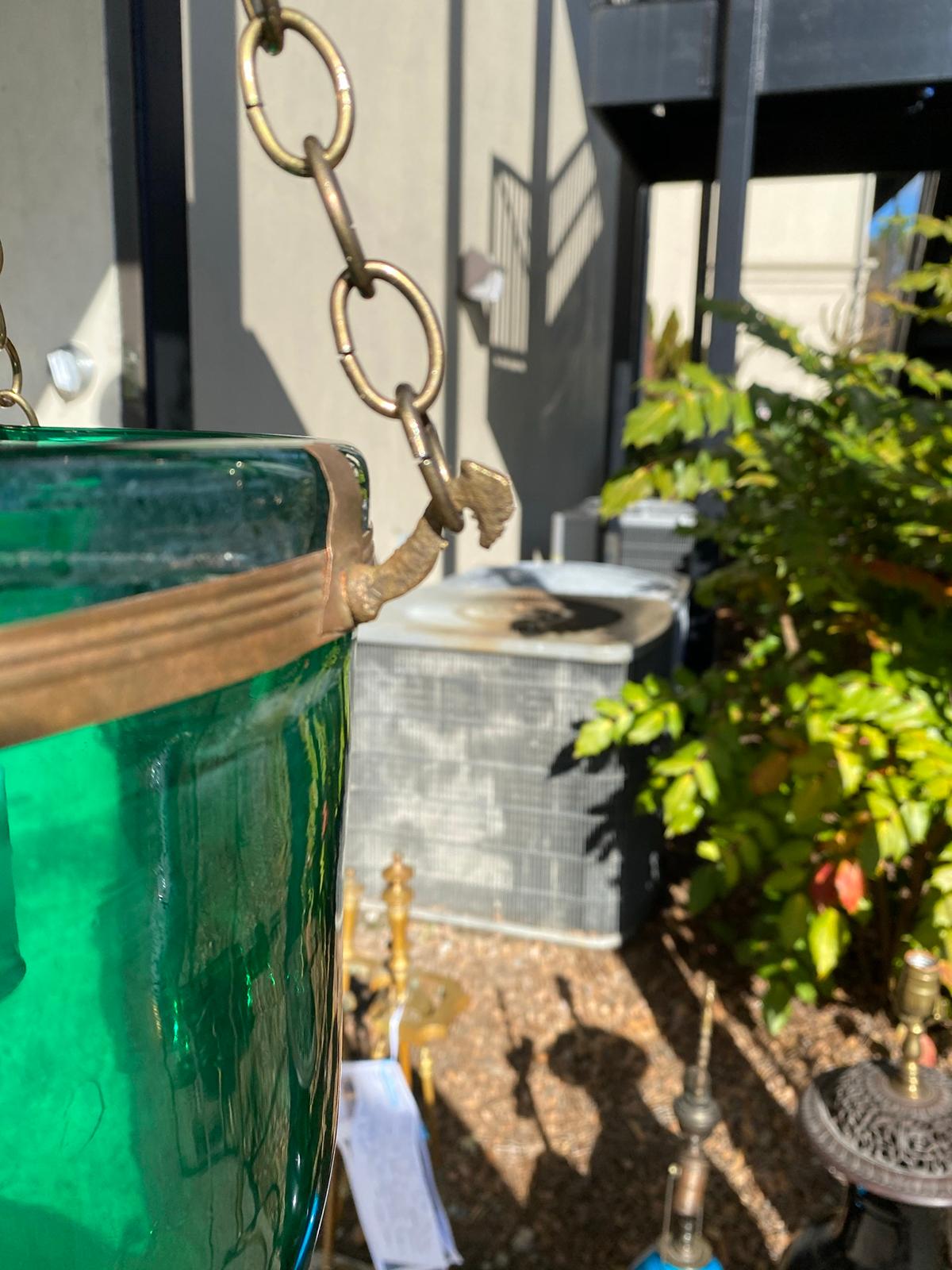 19th Century or Earlier Green Glass Three-Light Brass Bound Belljar Lantern For Sale 3