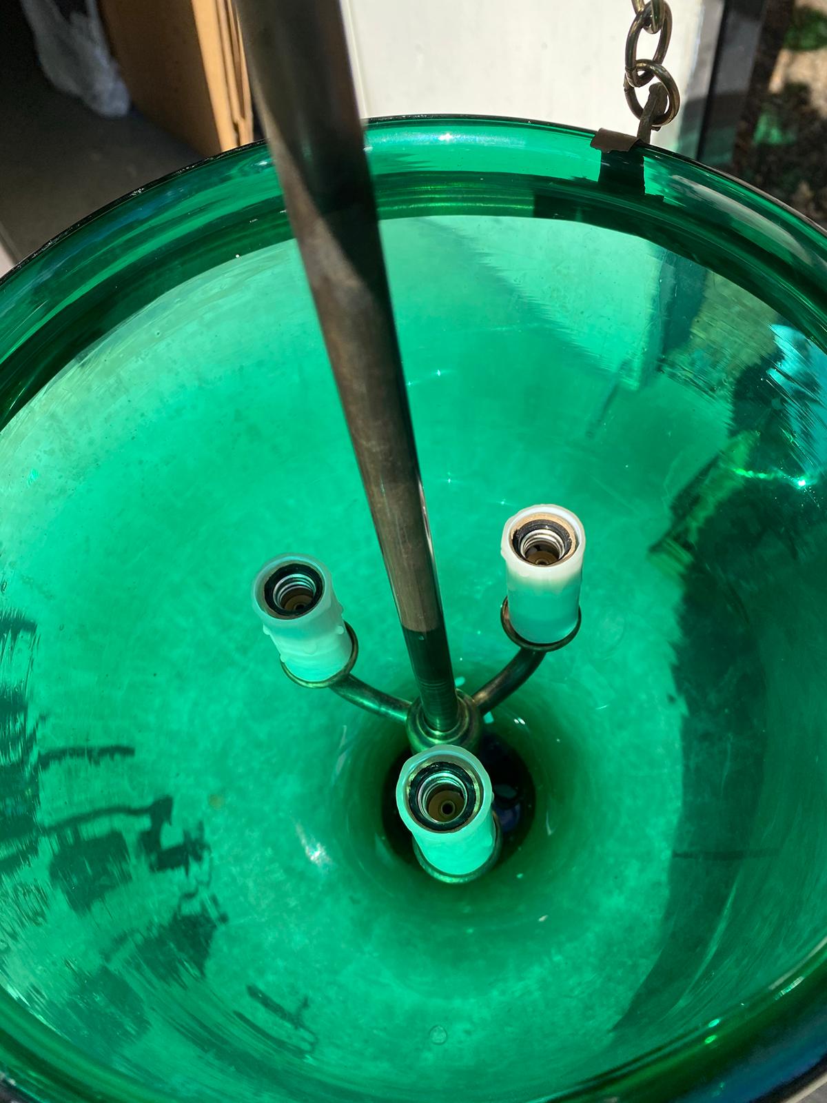 19th Century or Earlier Green Glass Three-Light Brass Bound Belljar Lantern For Sale 4