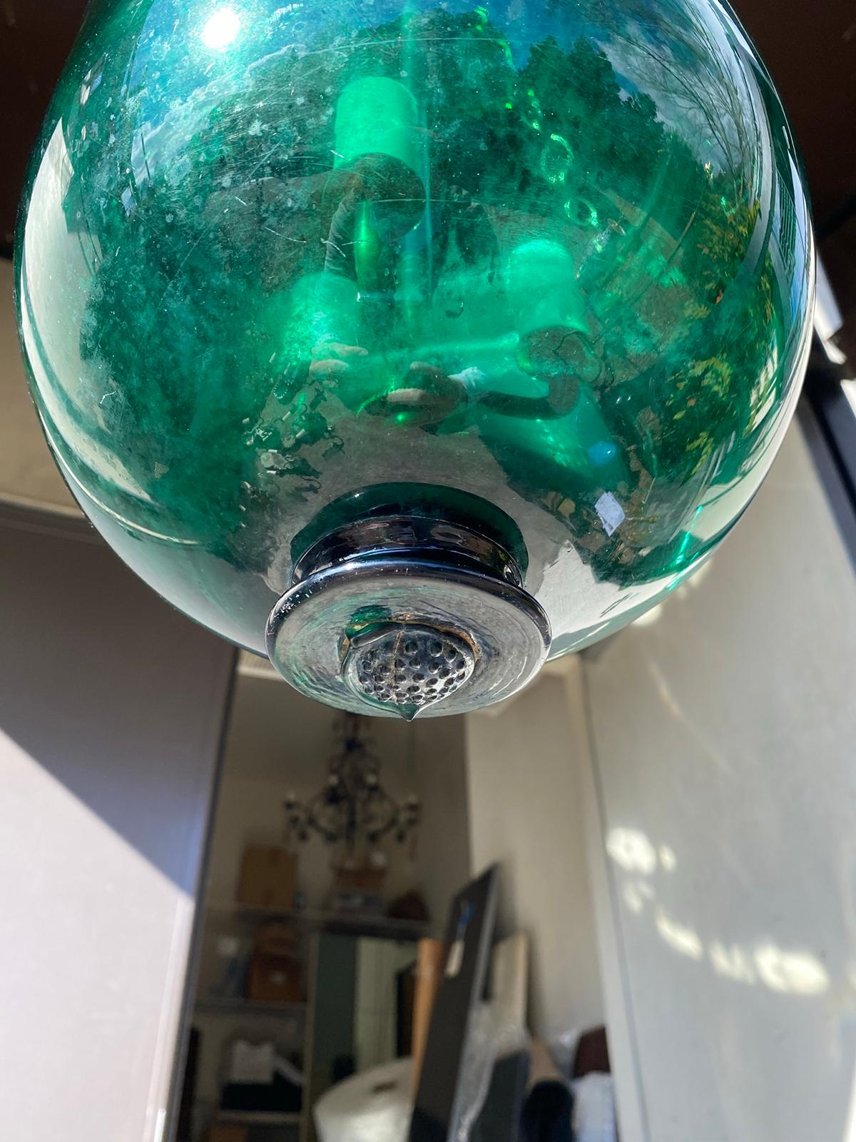 19th Century or Earlier Green Glass Three-Light Brass Bound Belljar Lantern For Sale 5