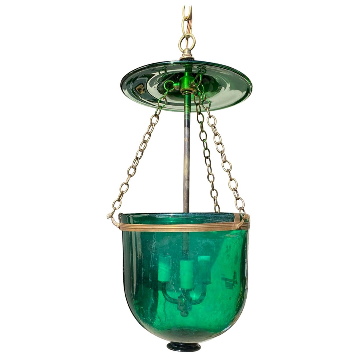 19th Century or Earlier Green Glass Three-Light Brass Bound Belljar Lantern For Sale