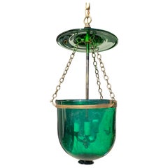 19th Century or Earlier Green Glass Three-Light Brass Bound Belljar Lantern